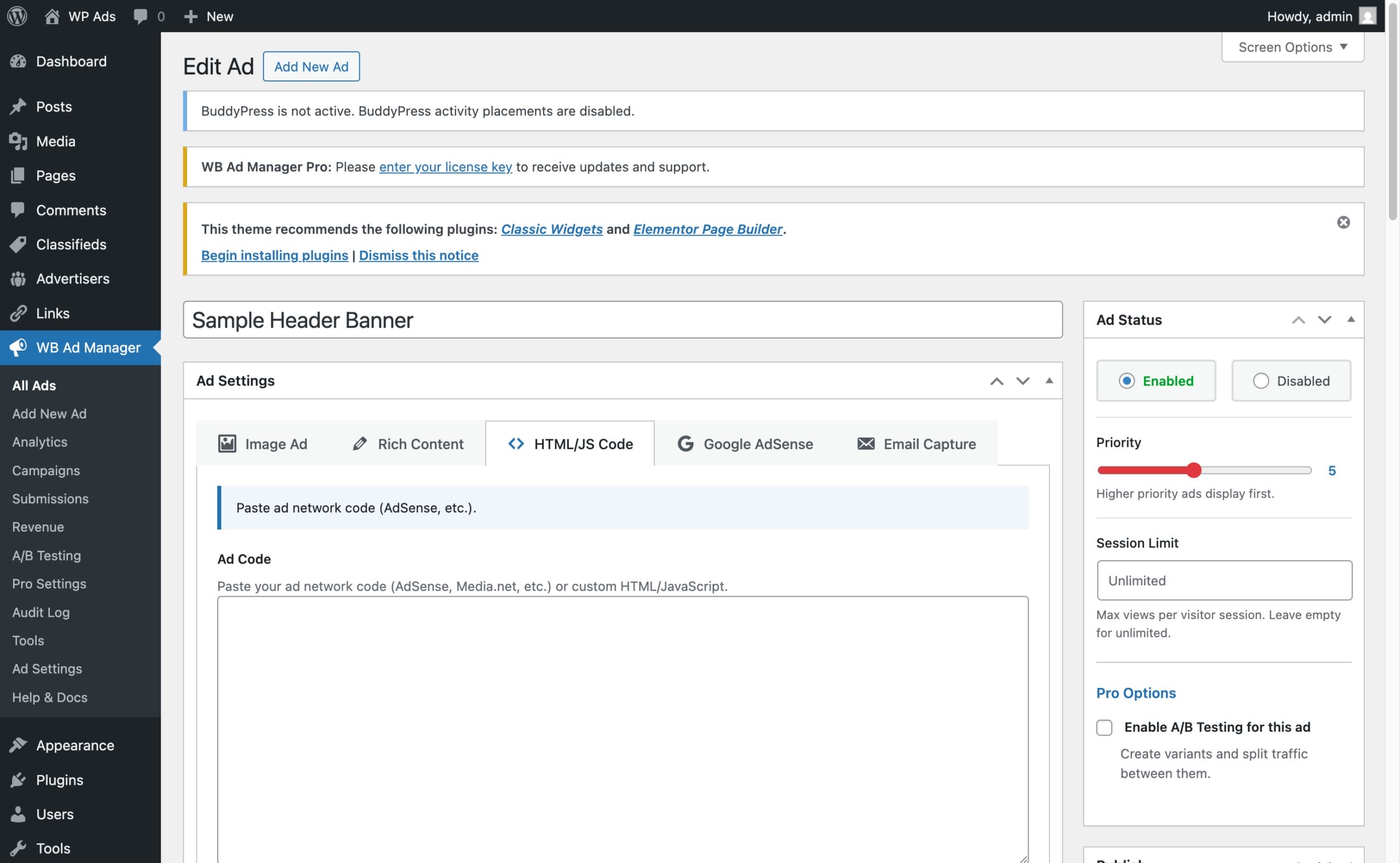 WB Ad Manager editor for creating HTML/code-based advertisements