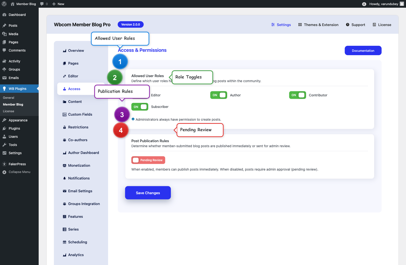 WB Member Blog admin access tab with annotations showing role and member type settings