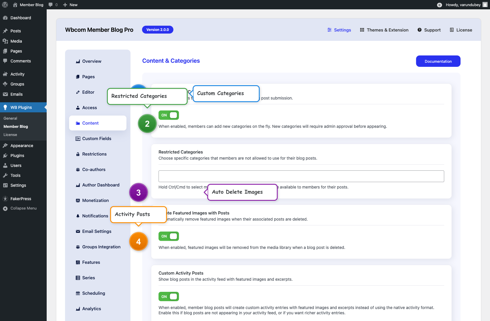 Content Settings tab in WB Member Blog admin showing category and media options