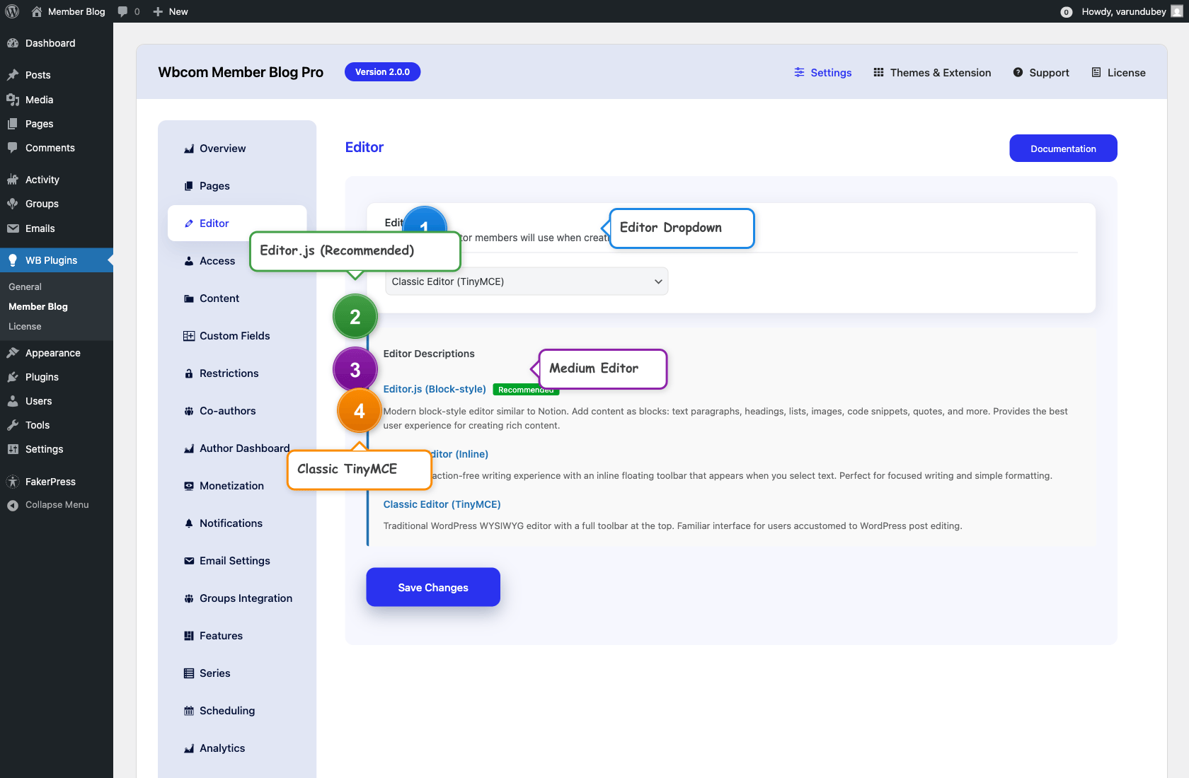 Editor Settings tab in WB Member Blog admin