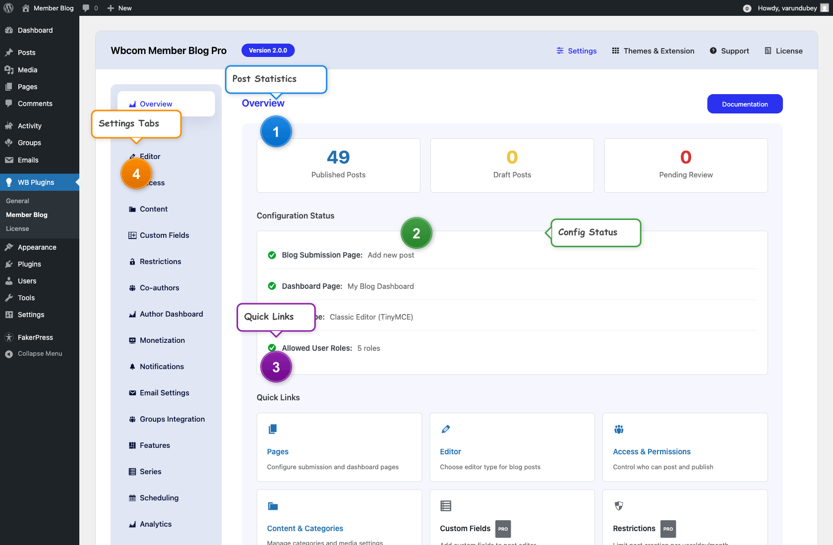 WB Member Blog admin overview tab with annotations showing key settings