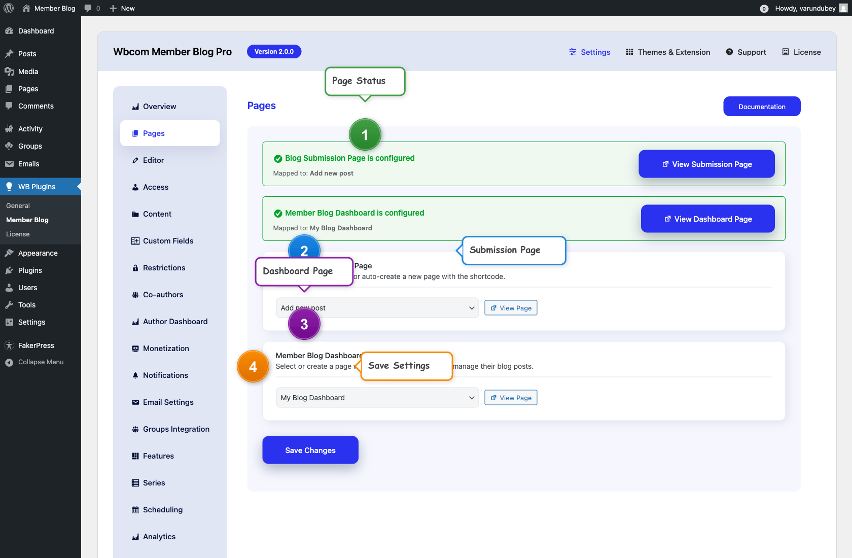 Pages Setup tab in WB Member Blog admin