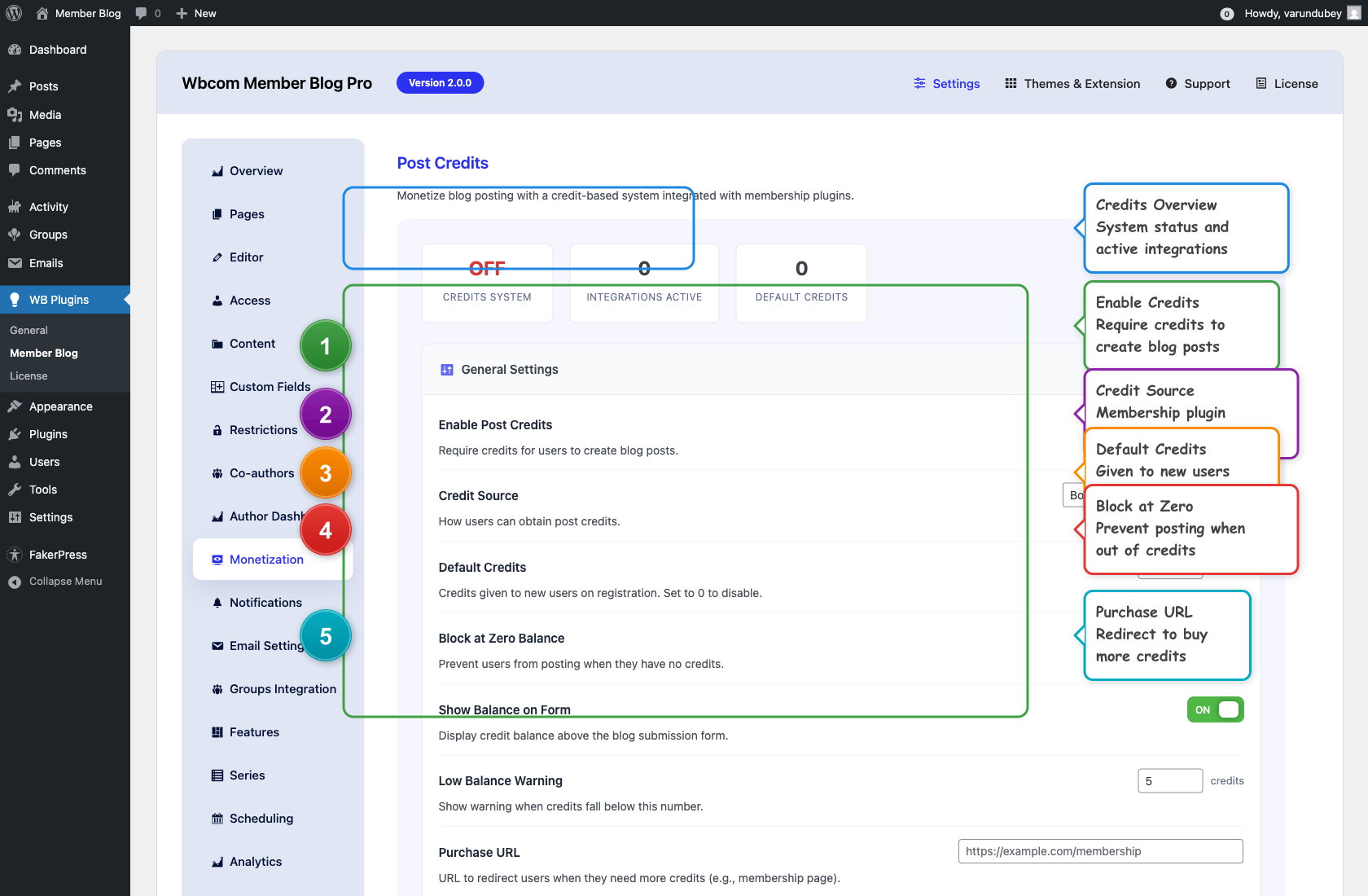 Post Credits settings tab