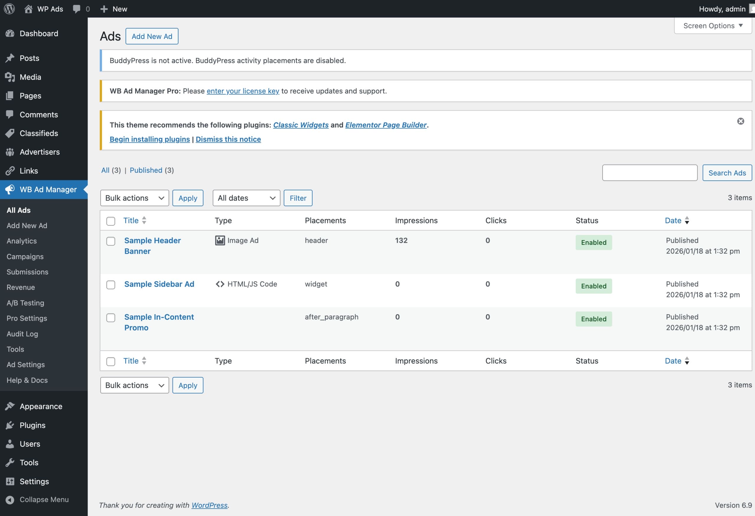 WB Ad Manager ads list showing all created advertisements