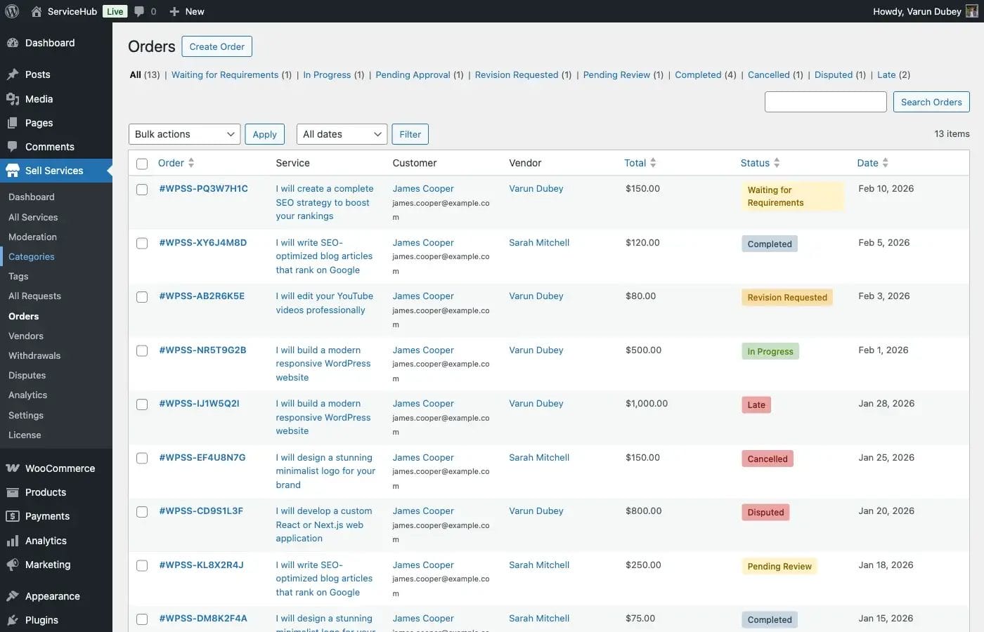 Admin orders list showing all marketplace orders
