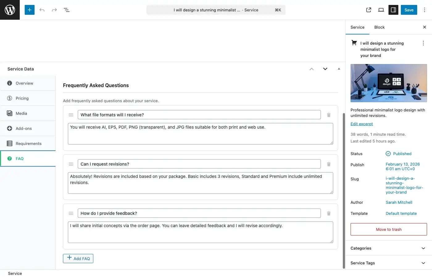 FAQ editor for adding questions and answers