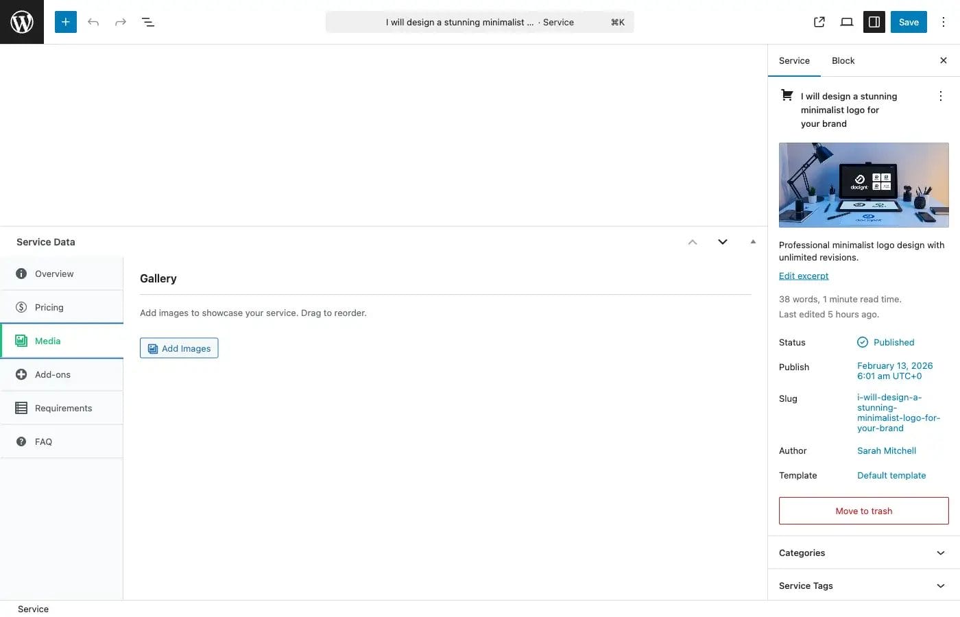 Admin gallery upload interface for adding service images