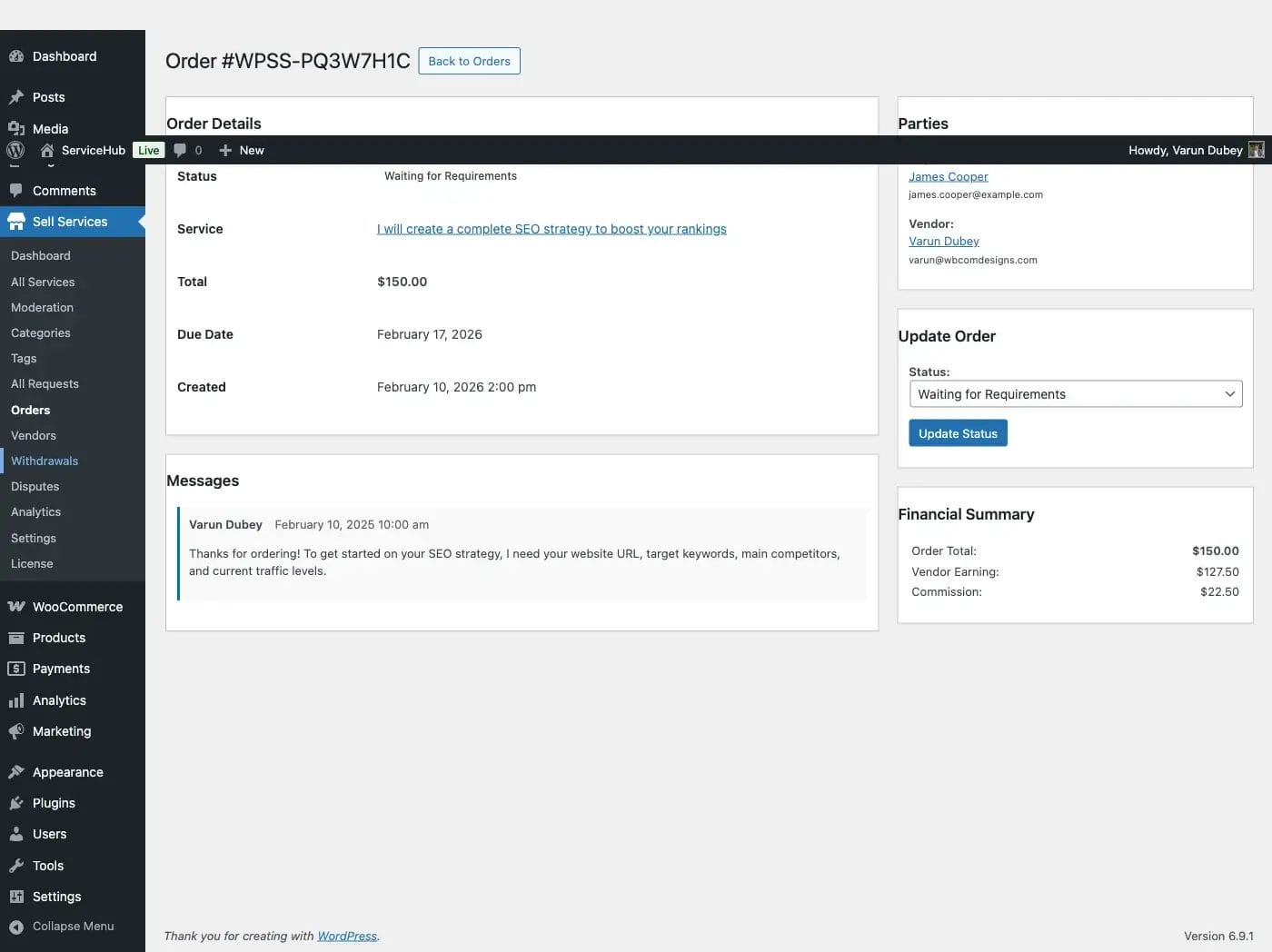 Admin view of a completed order with delivery details