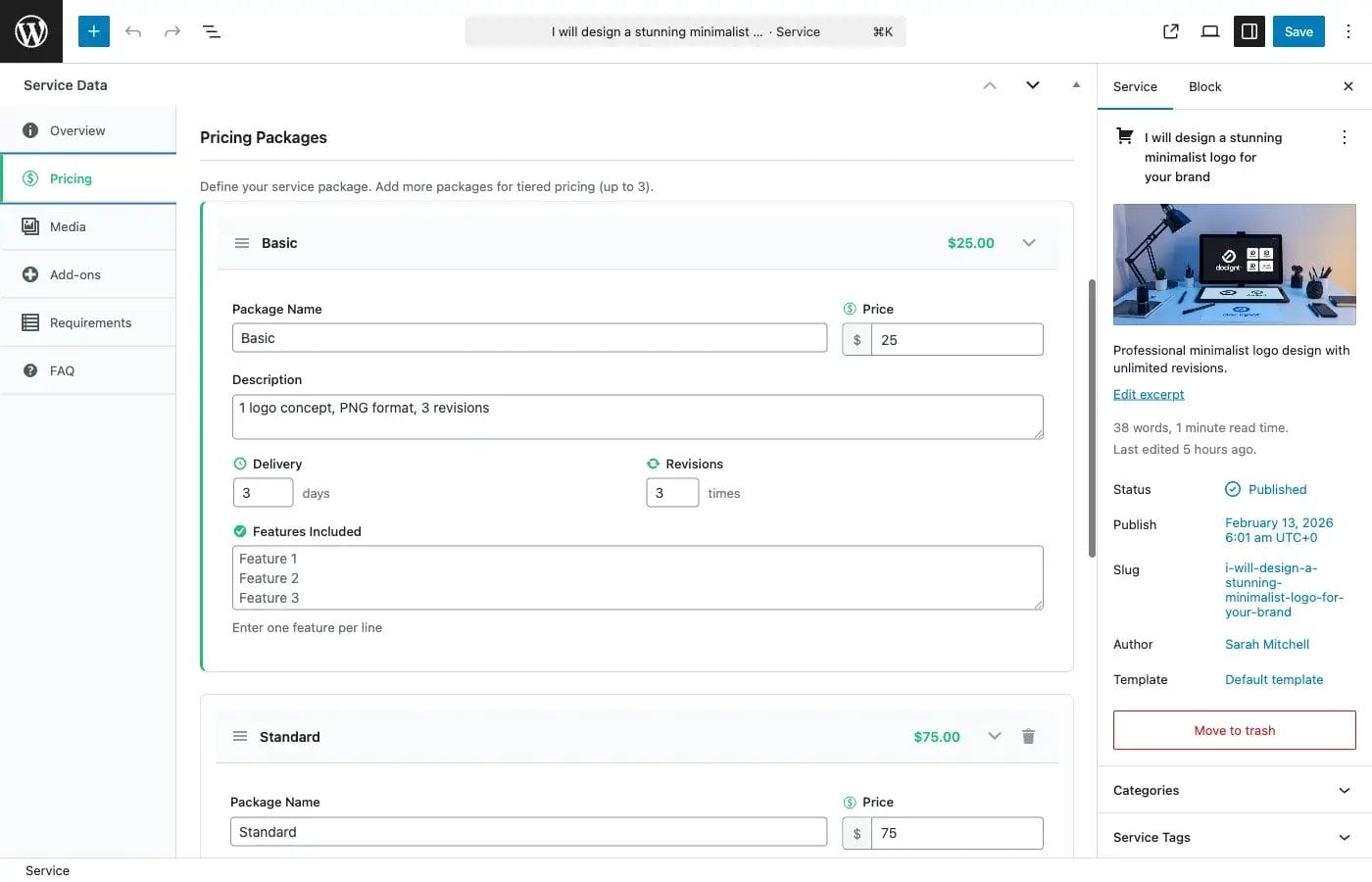 Package pricing setup with fields for name, price, delivery time, and features