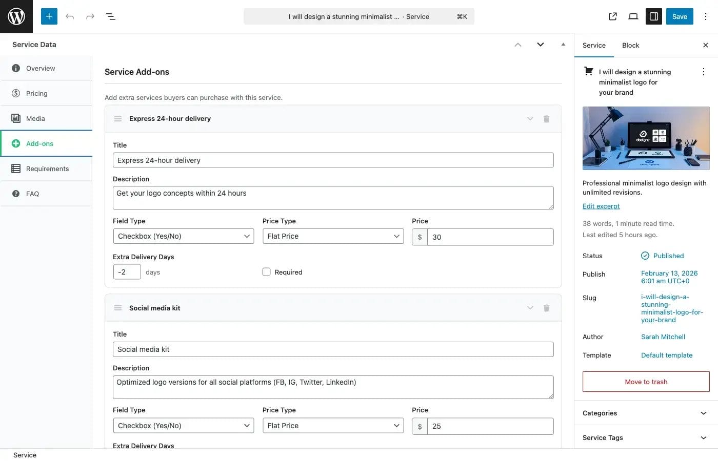 Admin addons metabox showing the list of service add-ons