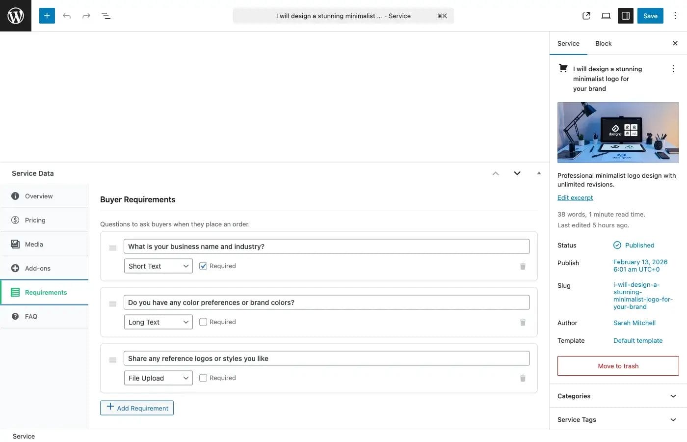 Admin requirements metabox for defining buyer requirements