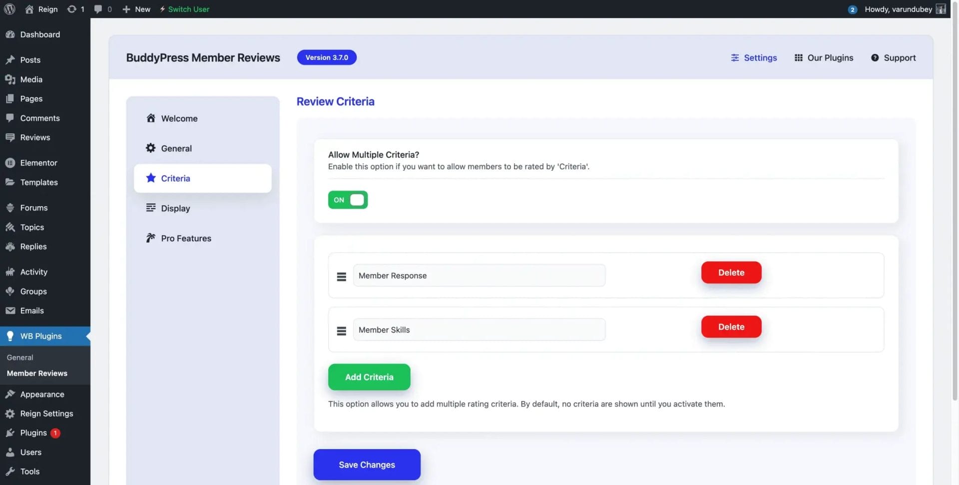 Admin Settings Criteria Tab