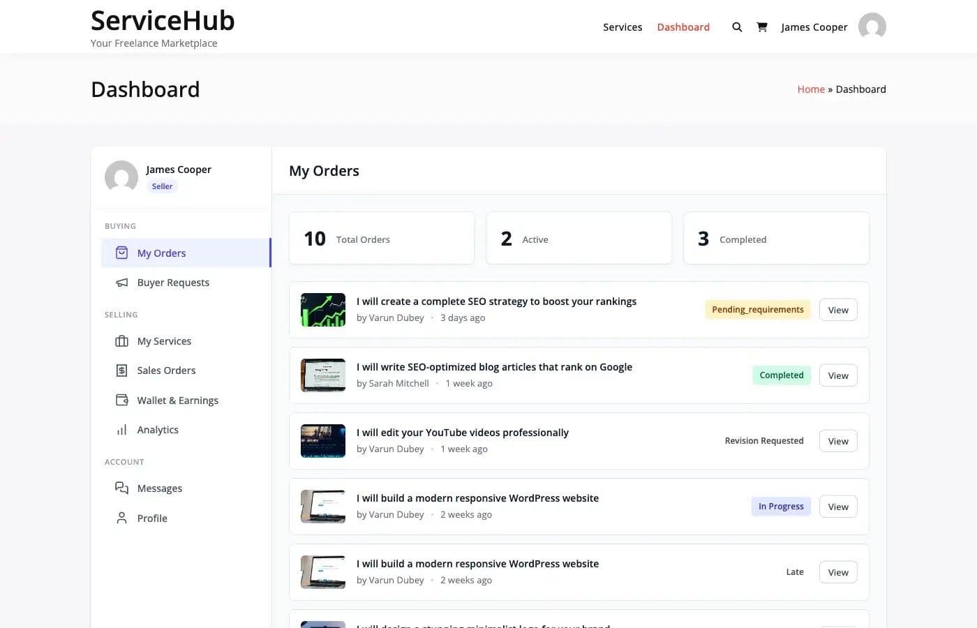 Buyer orders list showing all orders with their current statuses