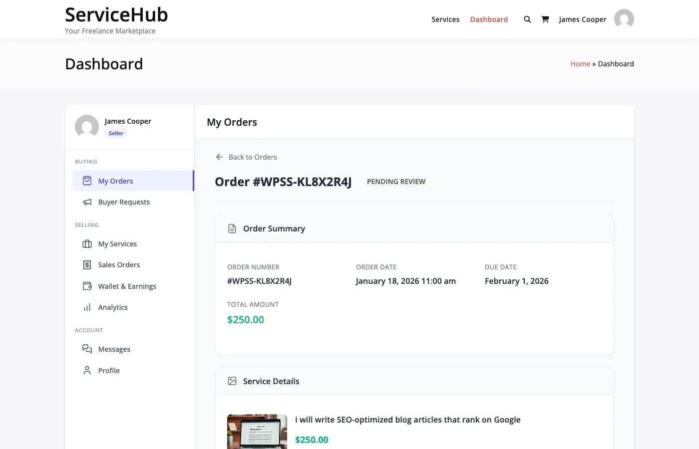Delivery review interface where buyer can accept, revise, or dispute