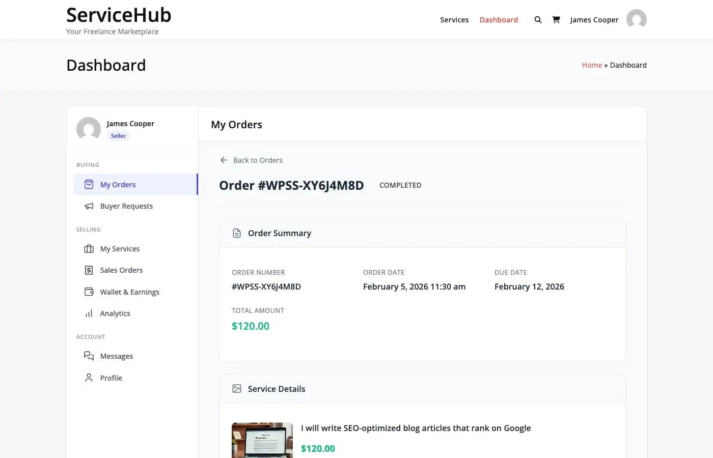 Order confirmation screen after accepting delivery