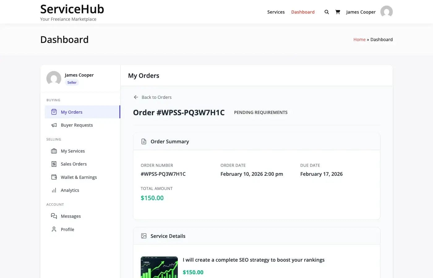 Requirements section on the order page