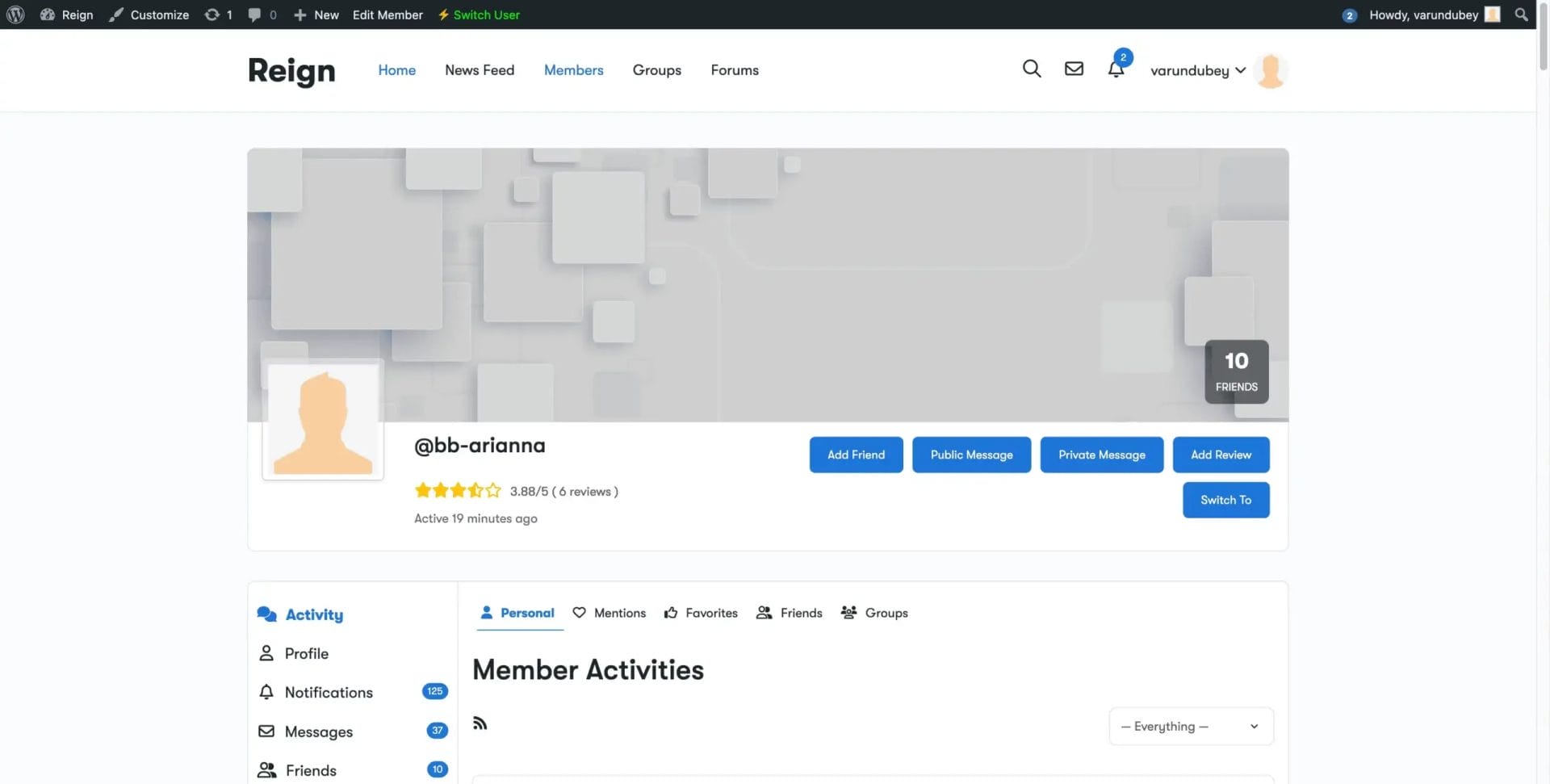 Profile header showing star rating