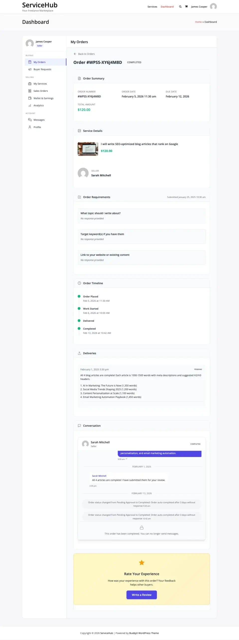 Completed requirements view showing all submitted information