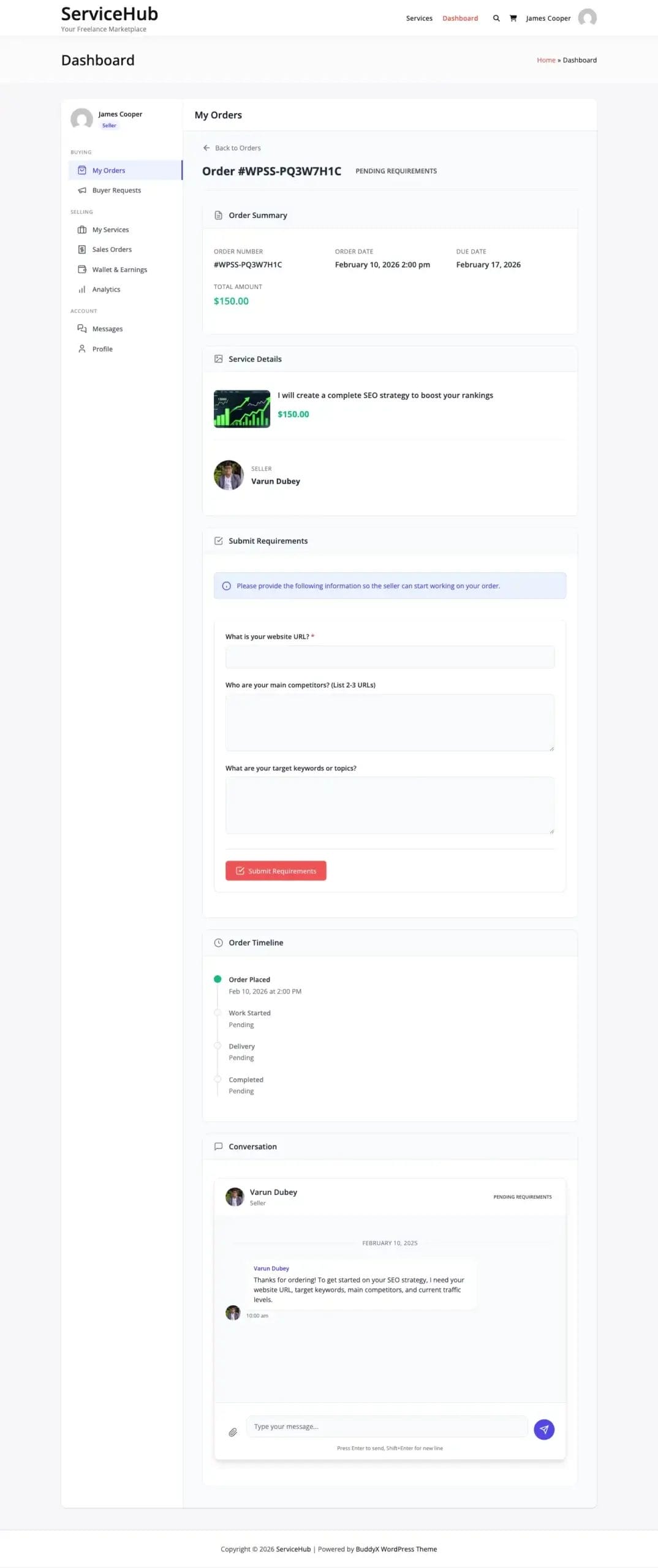 Requirements form fields displayed on the order page