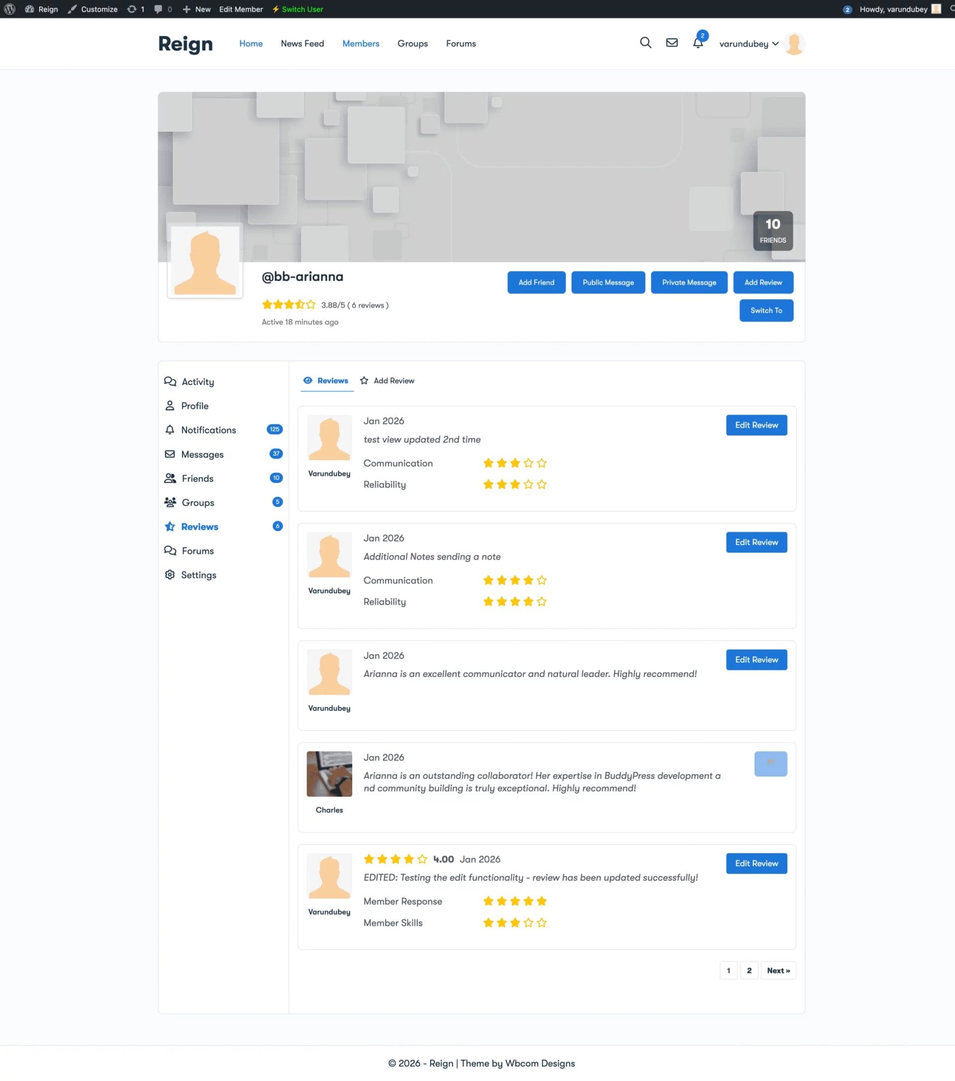 Reviews on member profile