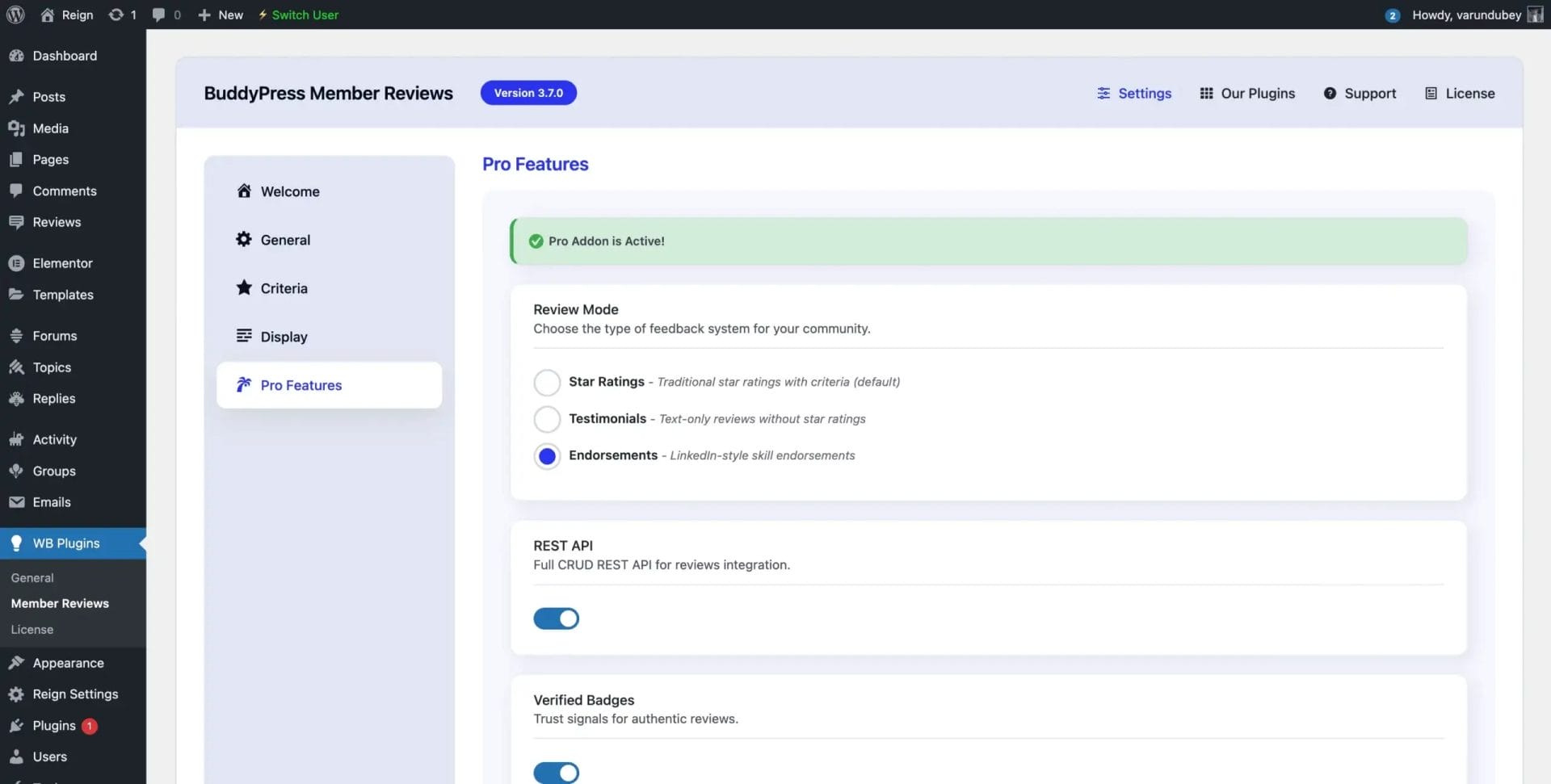 Pro Features Settings