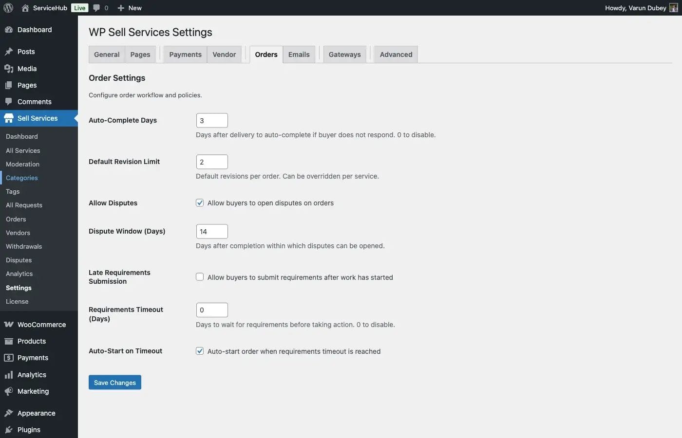 Order settings tab in WP Sell Services settings panel