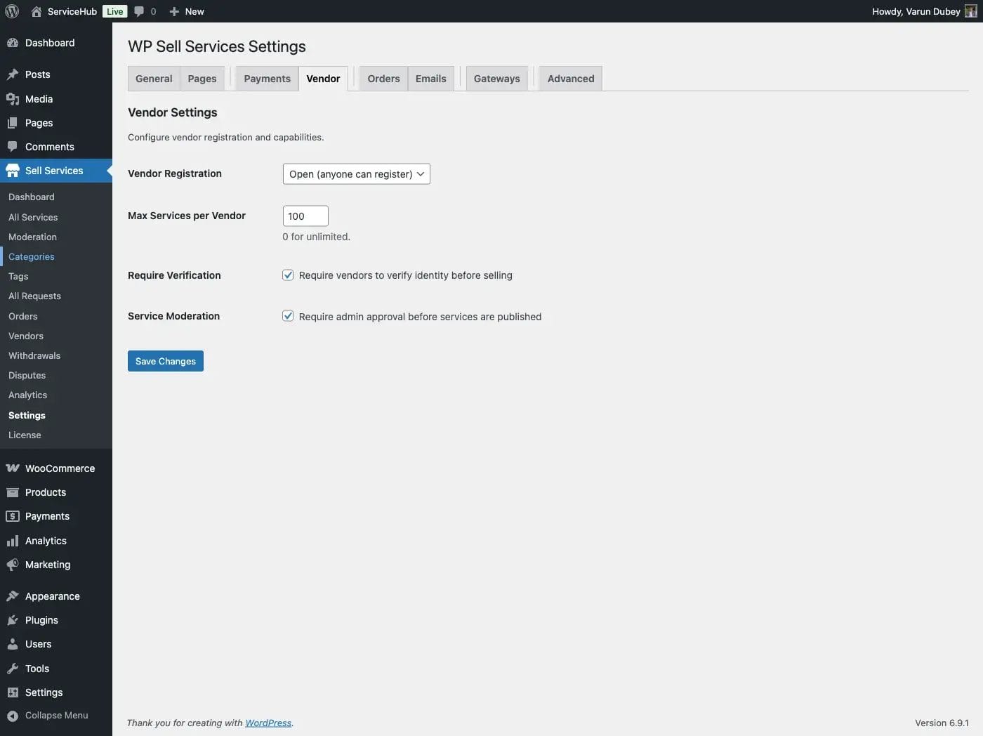 Full vendor settings panel