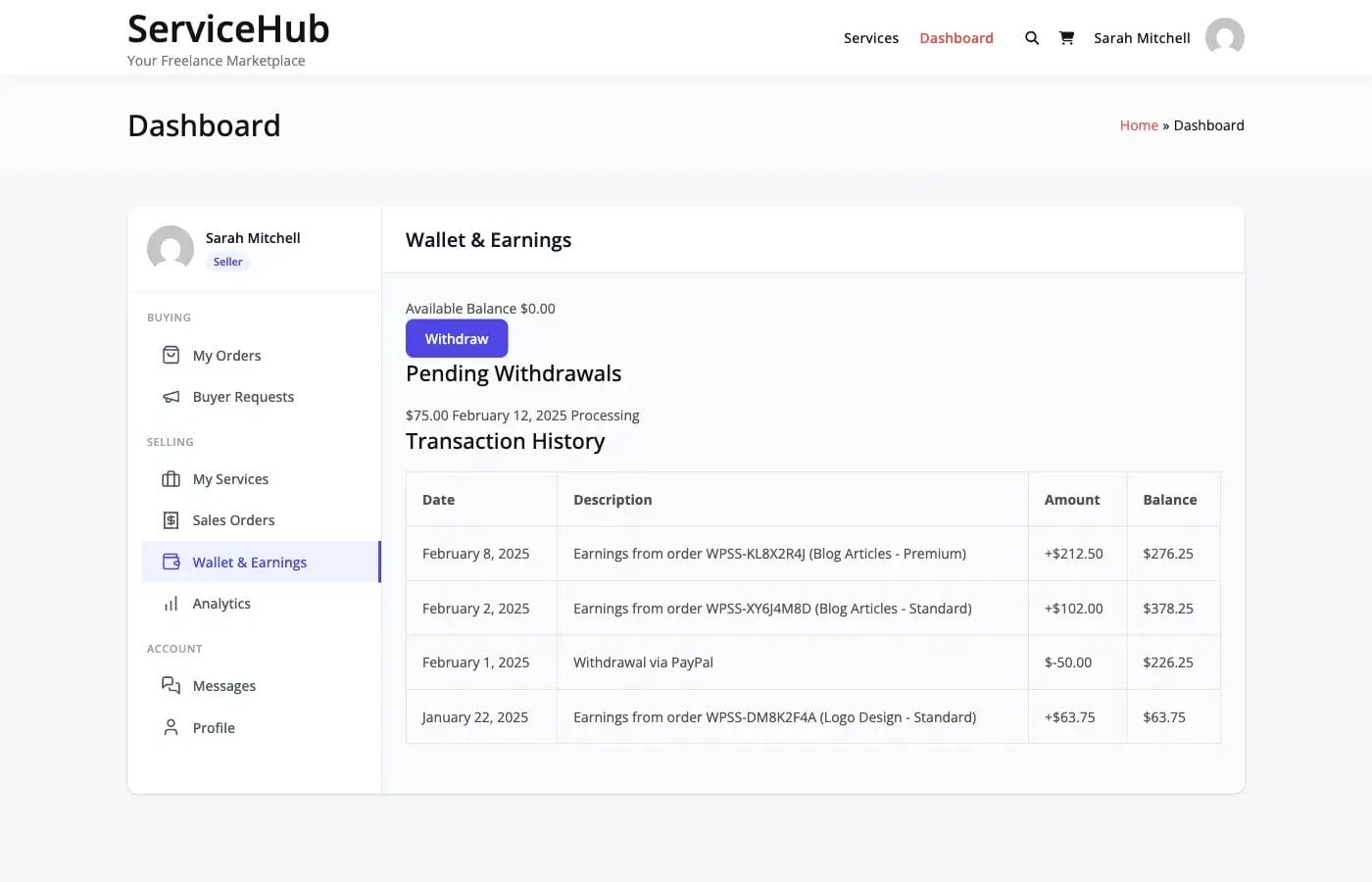 Vendor earnings dashboard