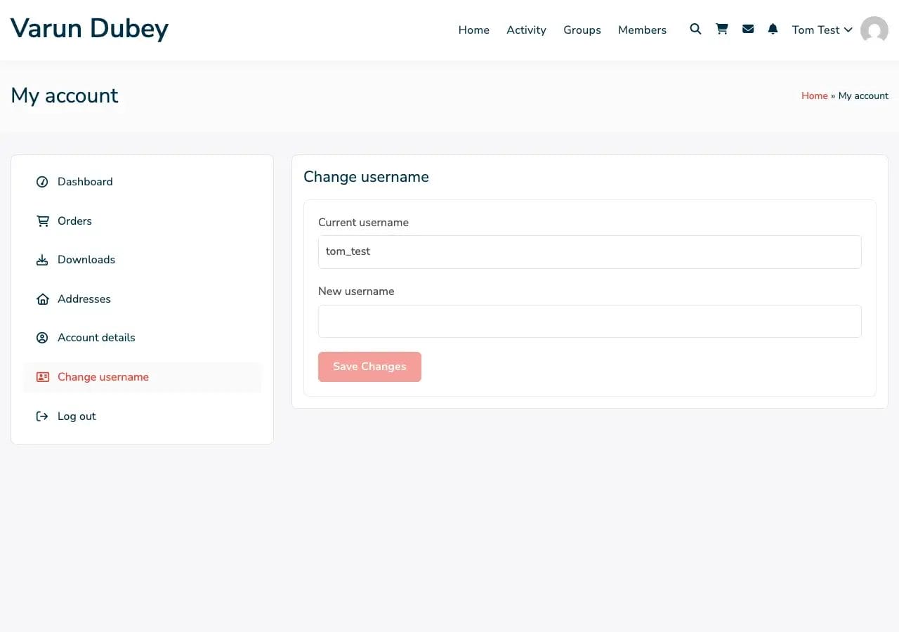 Username Change Page in WooCommerce