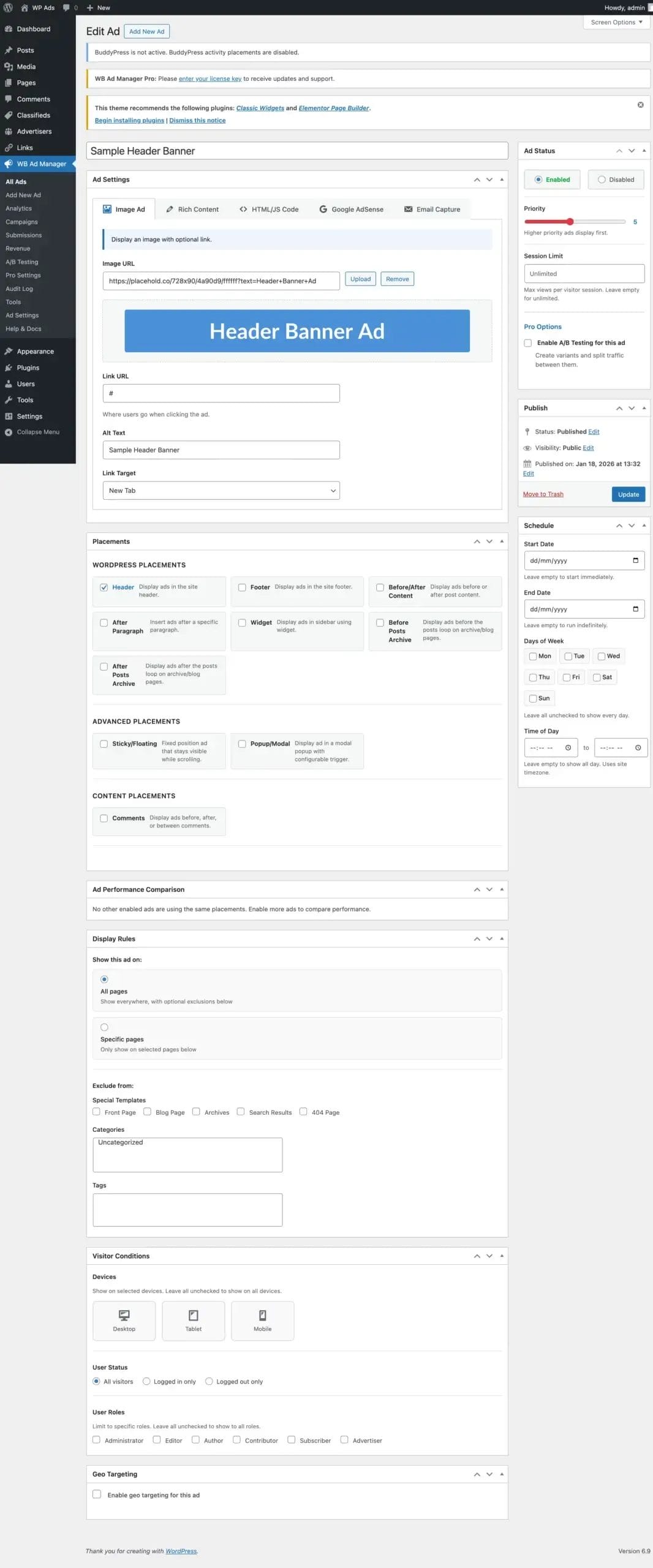 Image ad editor screen showing upload, destination URL, alt text, and new tab options