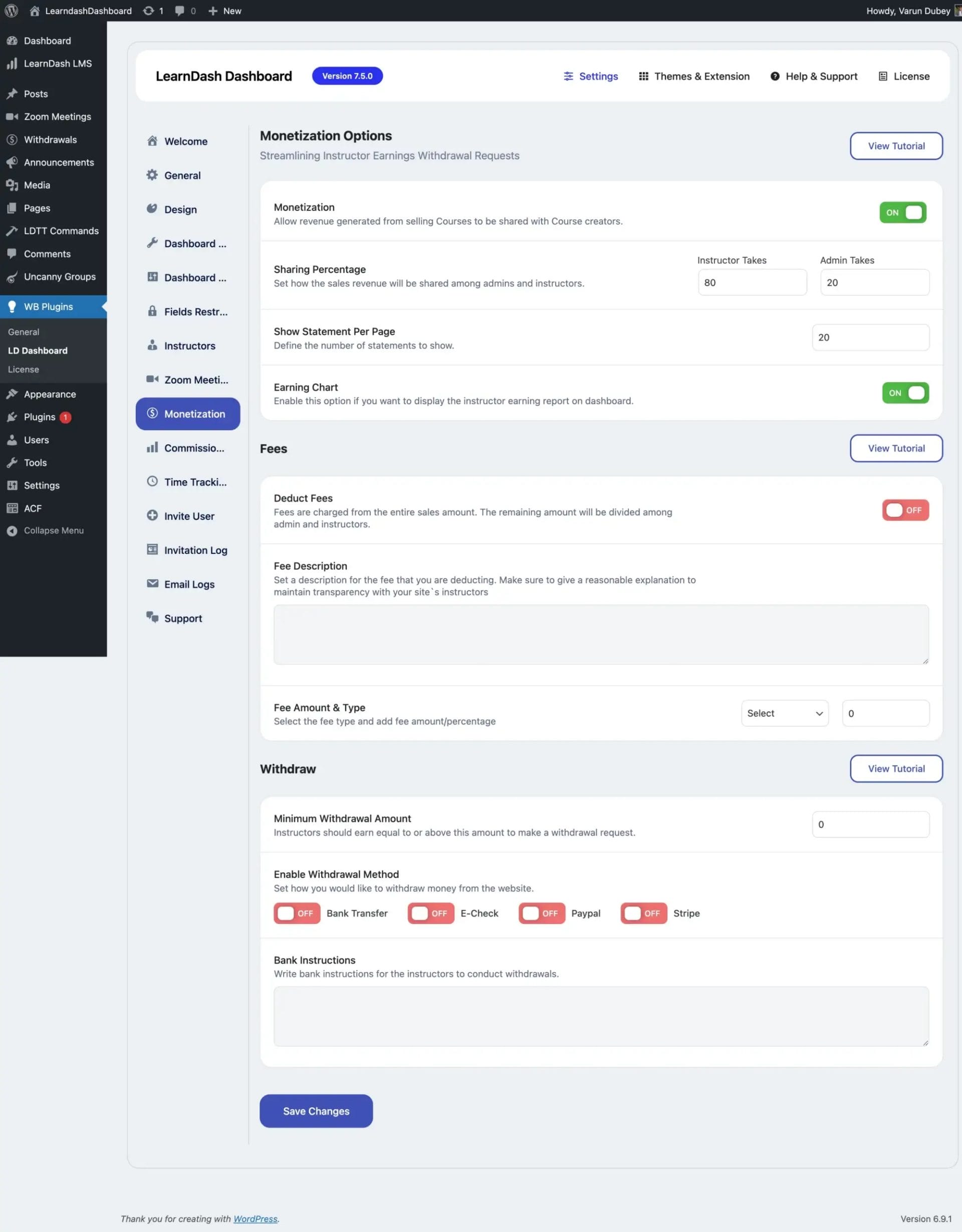 Admin Monetization Settings