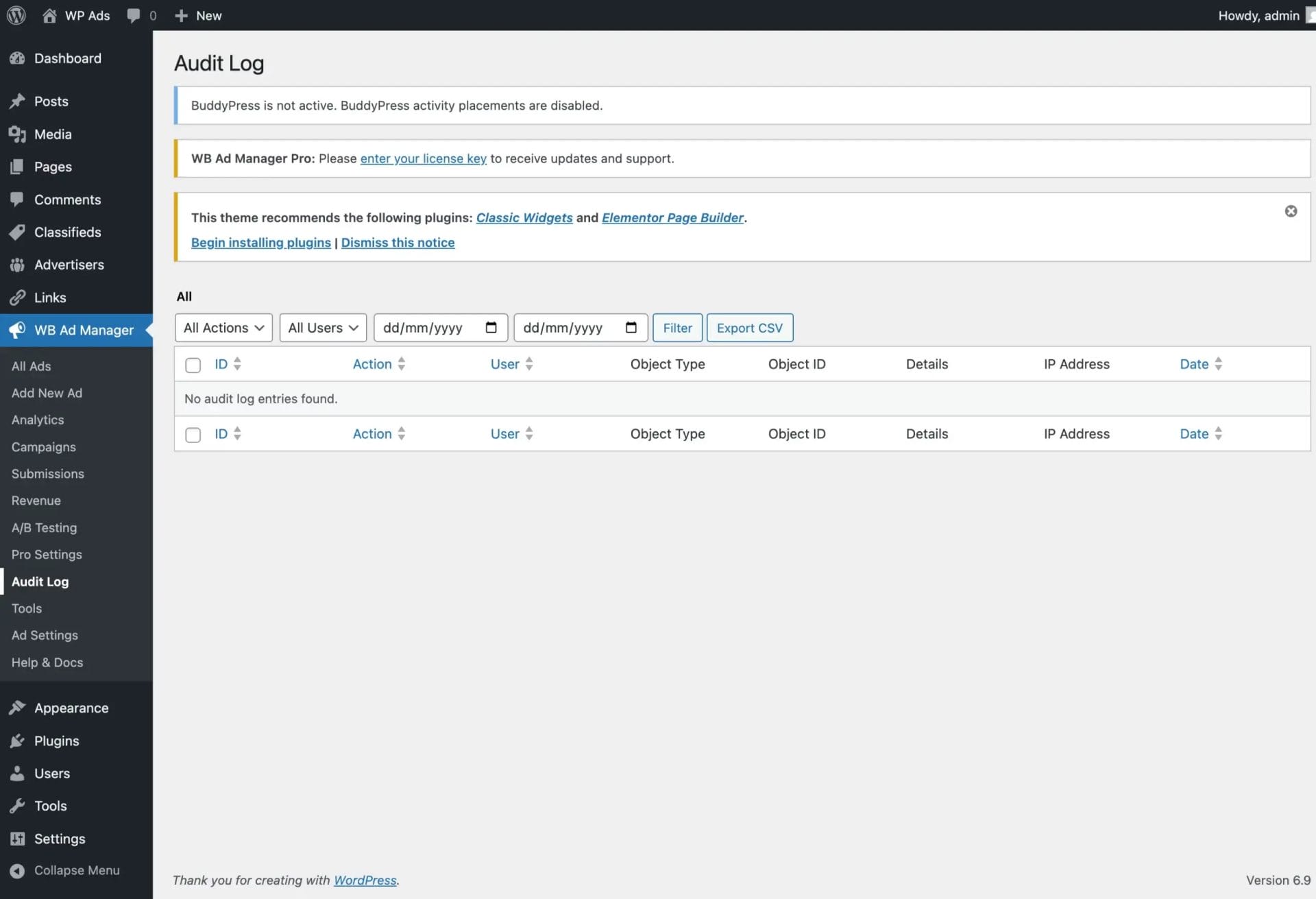 Audit log showing action history with user, action type, object, details, IP address, and timestamp