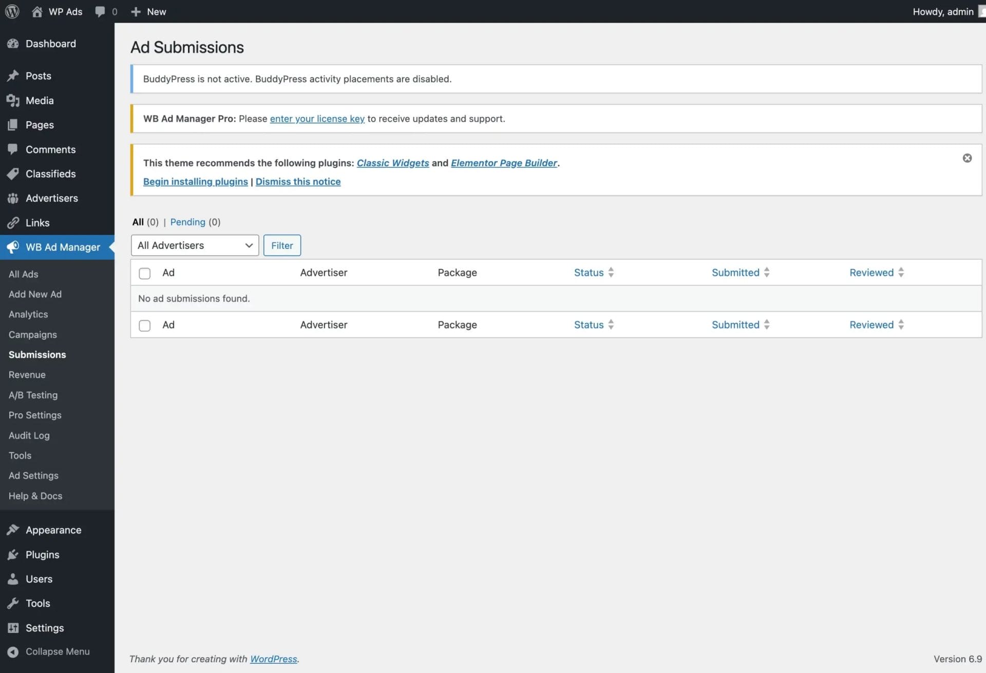 Submissions page showing pending ads with advertiser info, package, status, and approval actions