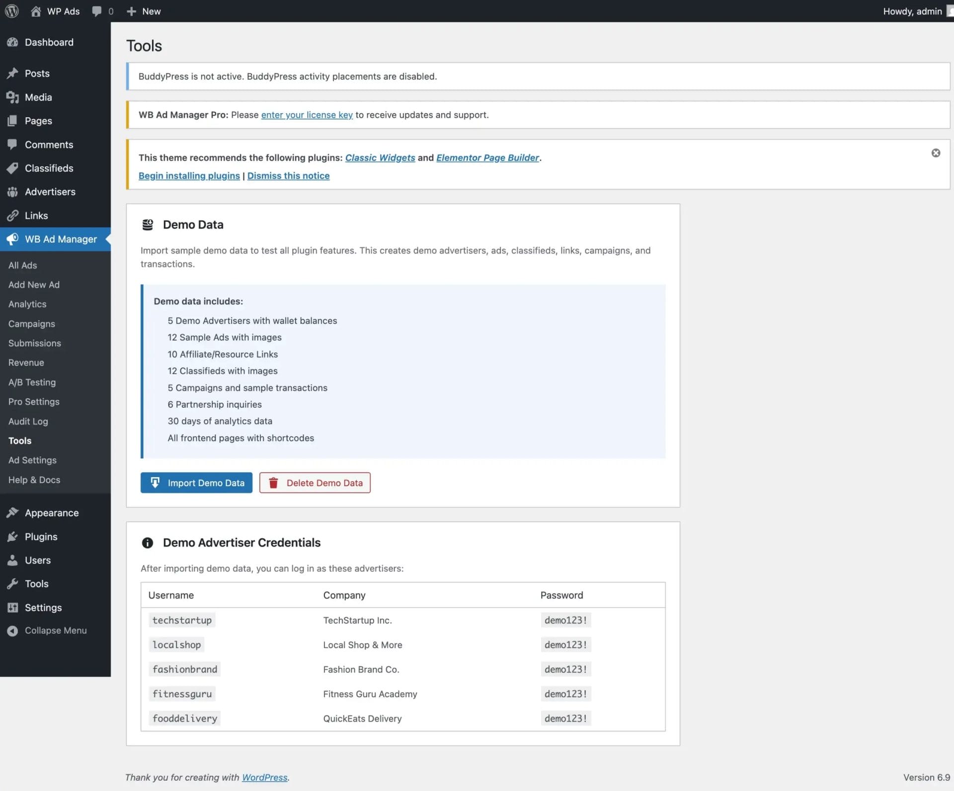 Demo data import section showing import and remove buttons with description of sample content