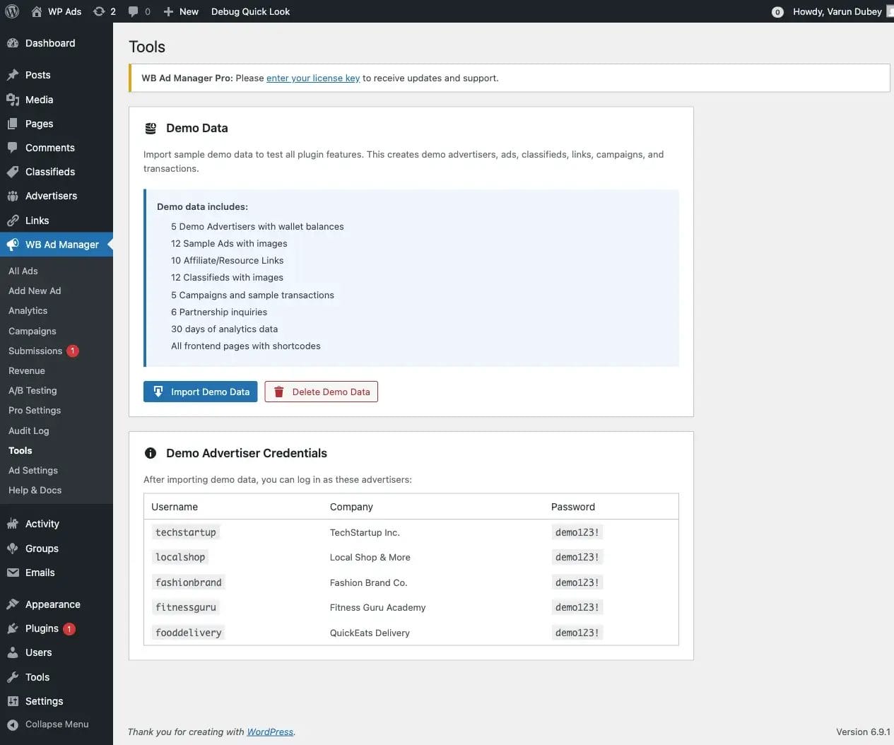 Tools page showing demo data import, system information, and database cleanup sections