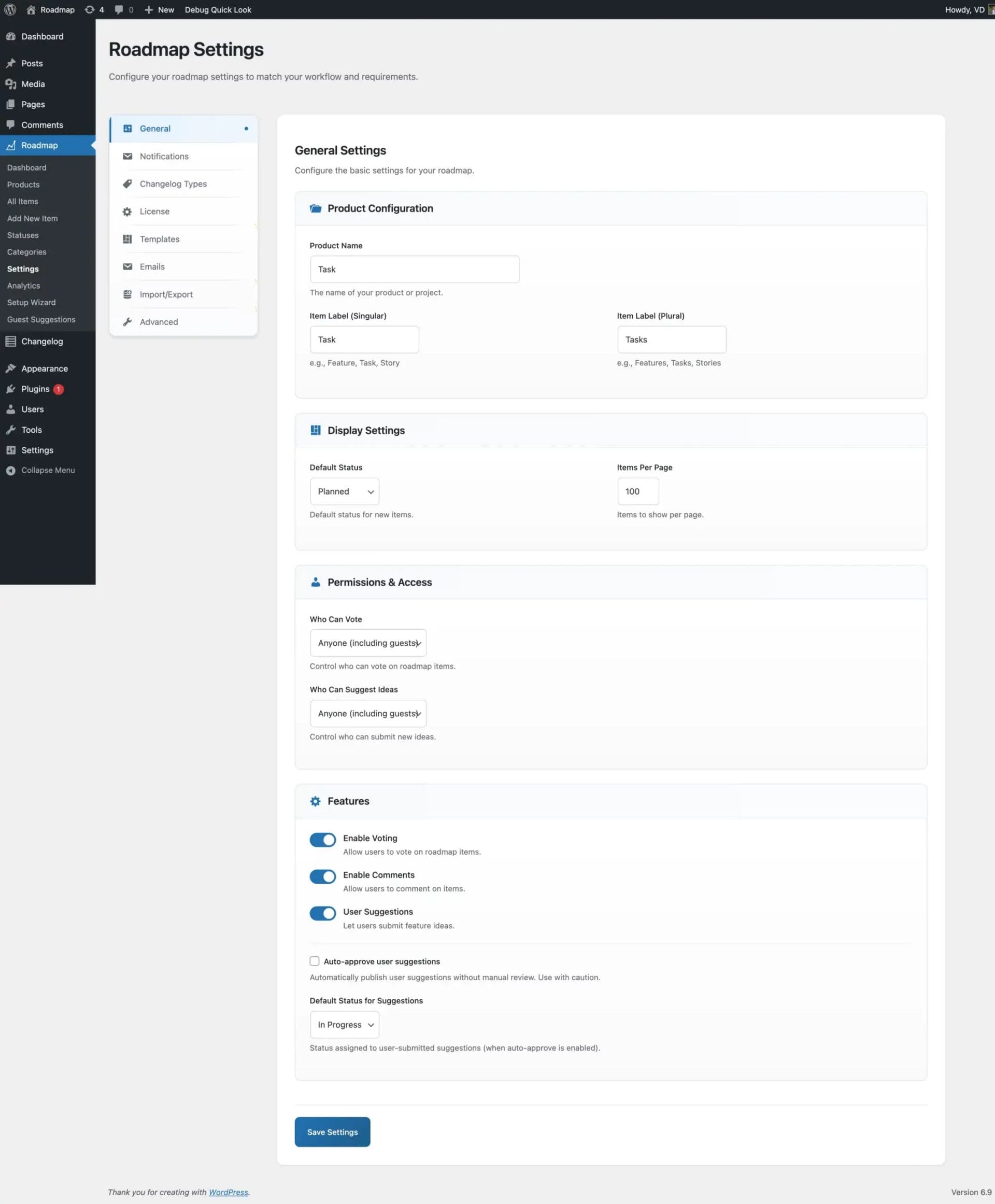 Settings Page