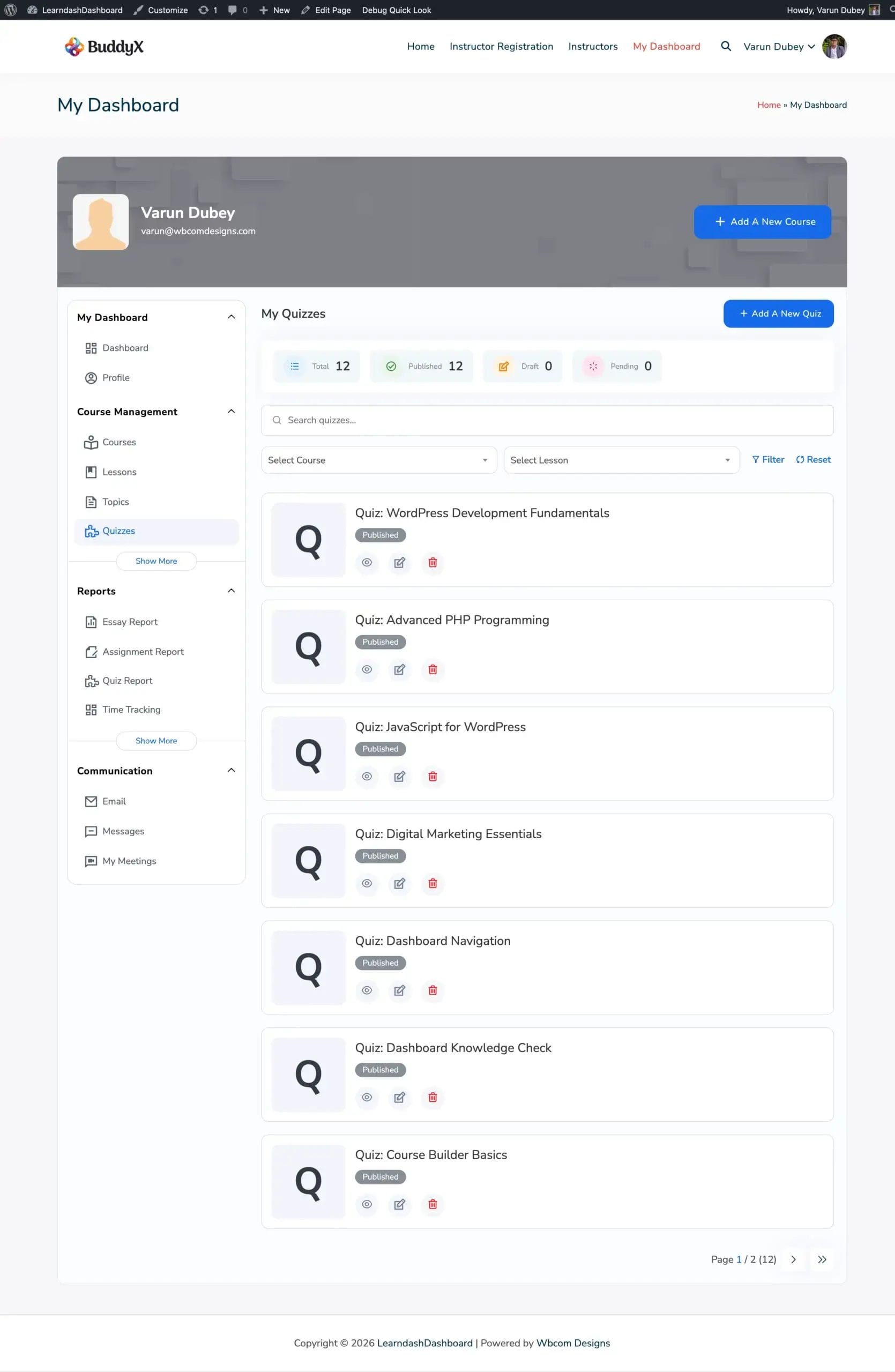 Admin Quizzes Listing