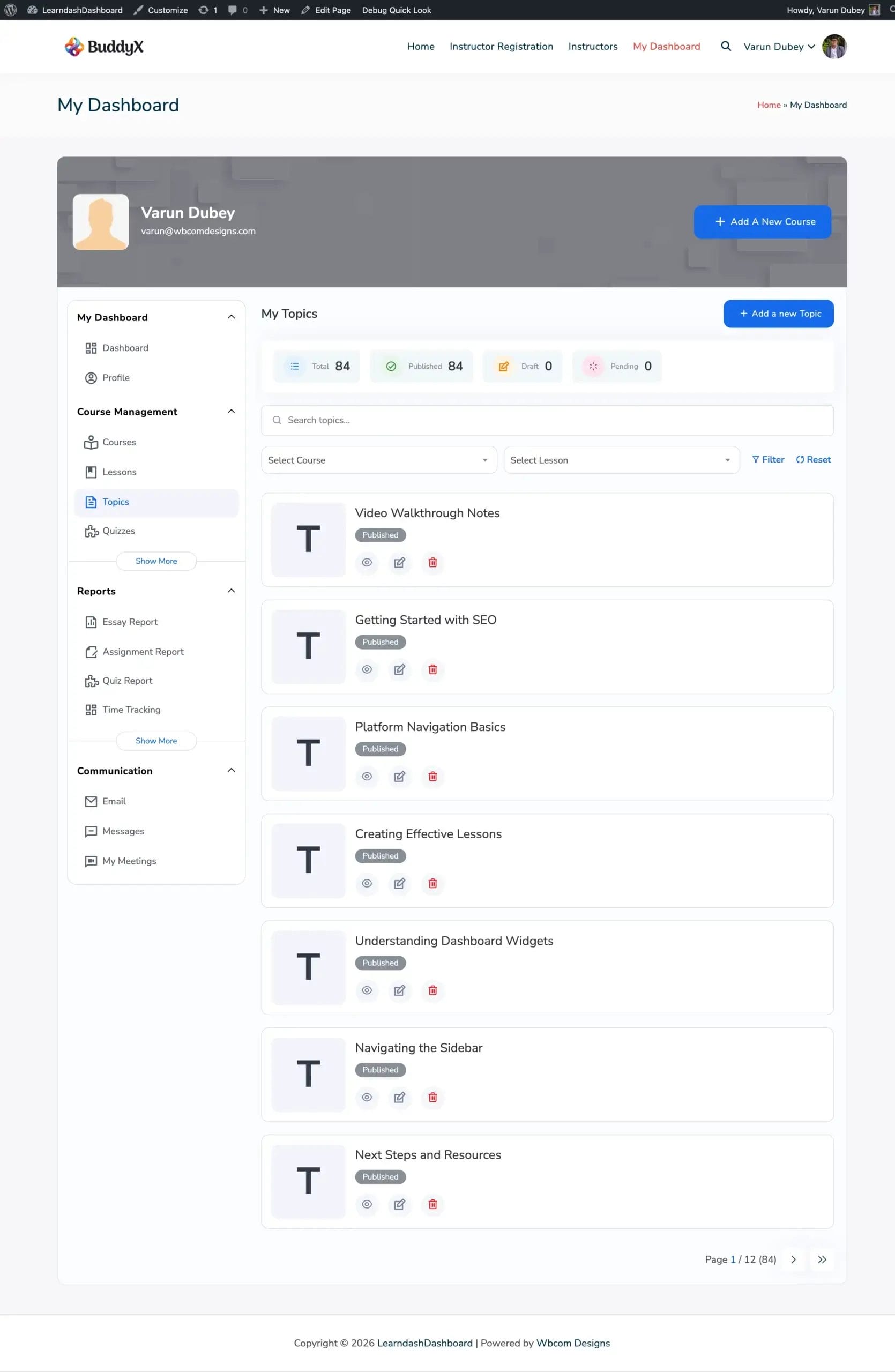 Admin Topics Listing