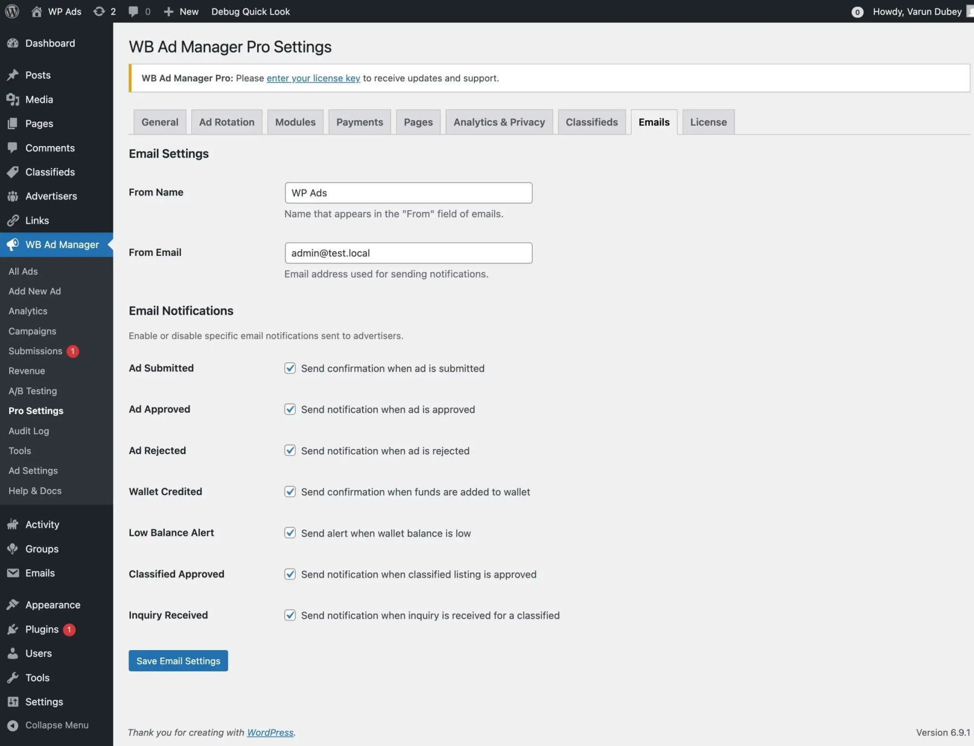 Email notification settings showing enable/disable toggles for each notification category