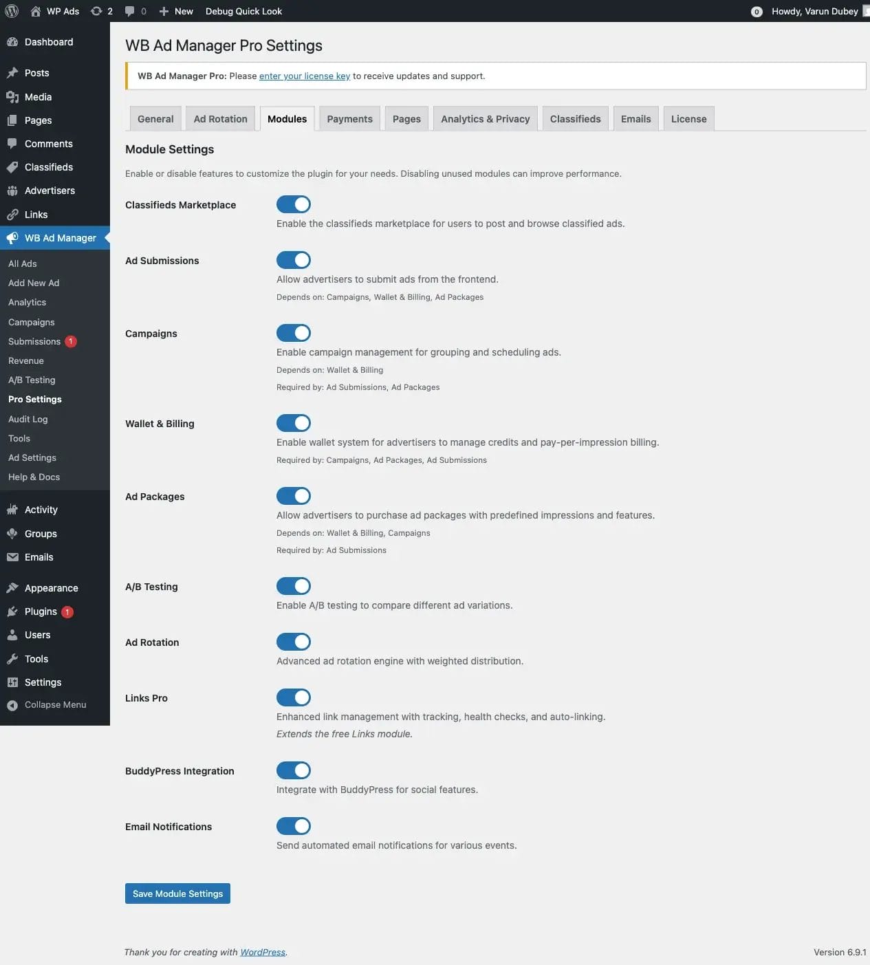 Pro Settings Modules page showing toggleable feature modules