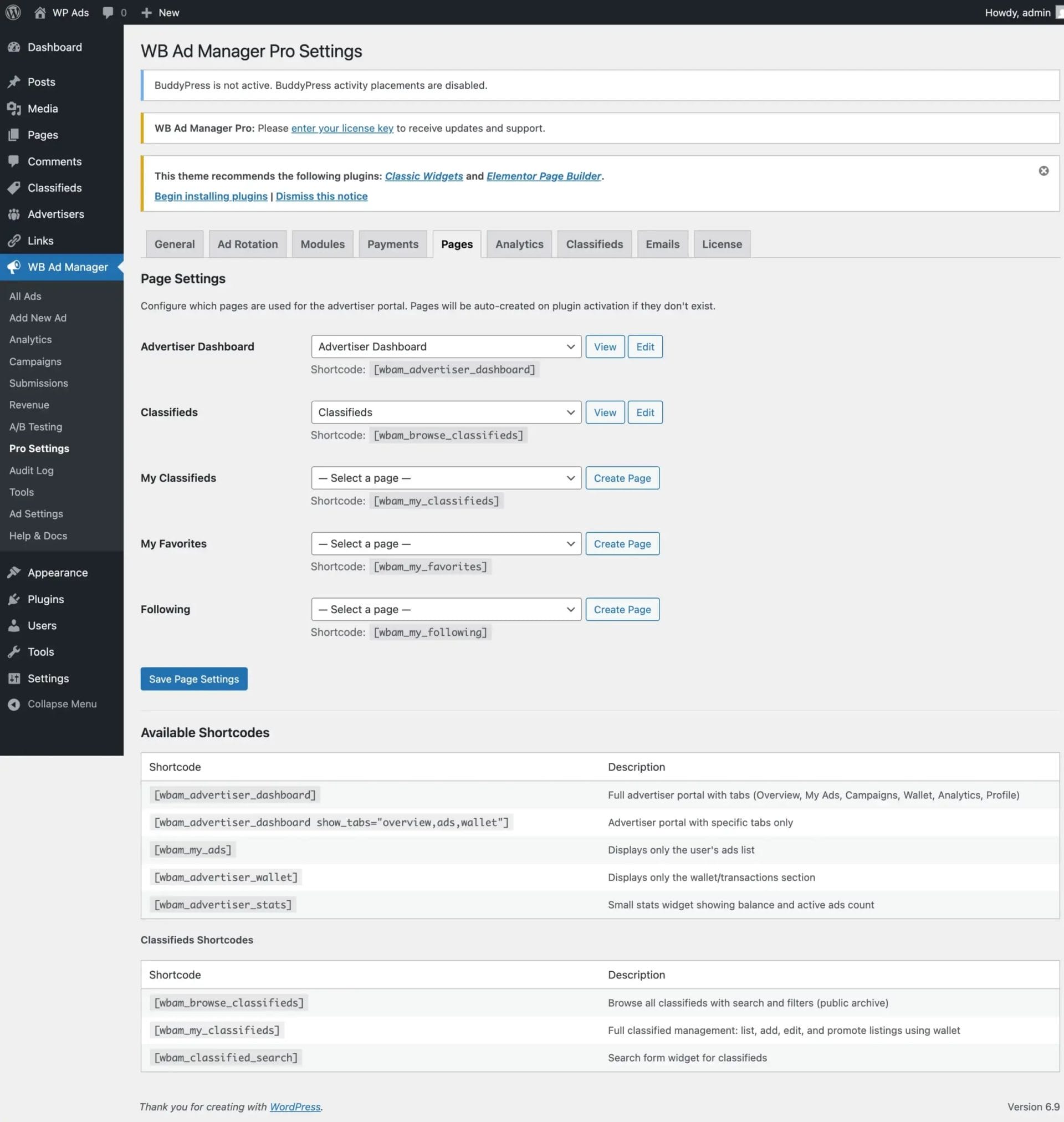 Pages settings showing dropdown selectors for assigning WordPress pages to plugin functions