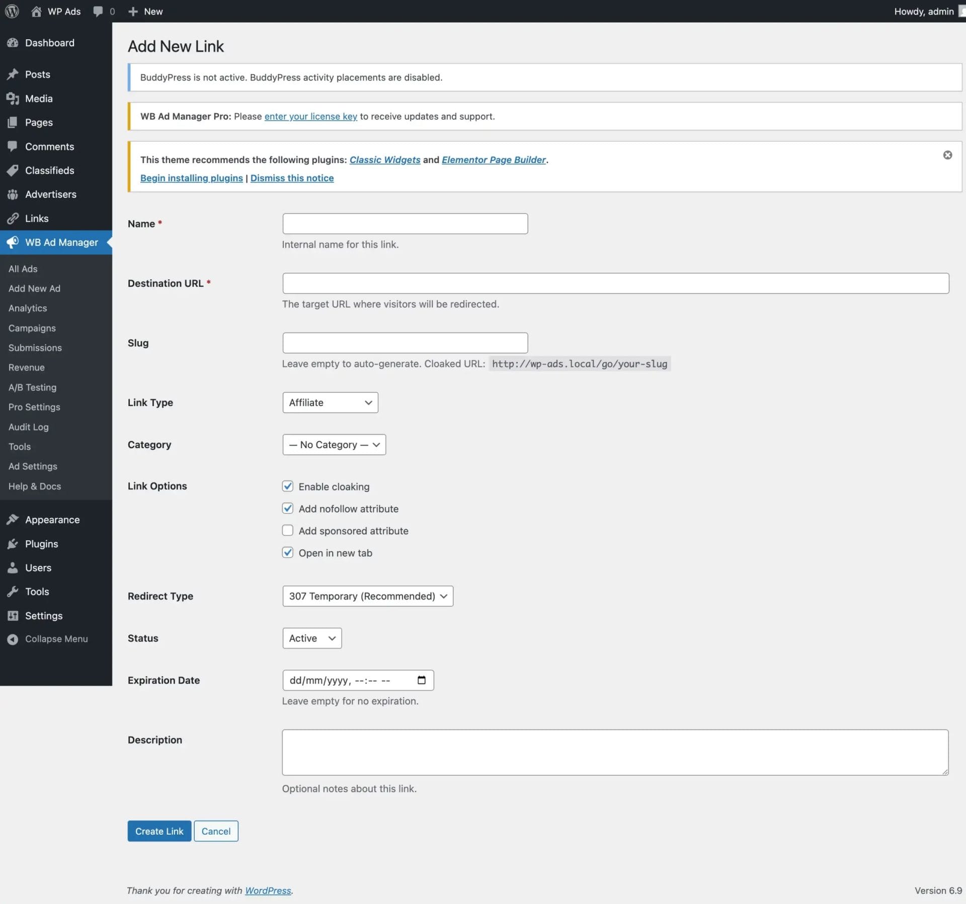 Add new link form with title, URL, description, category, and SEO options