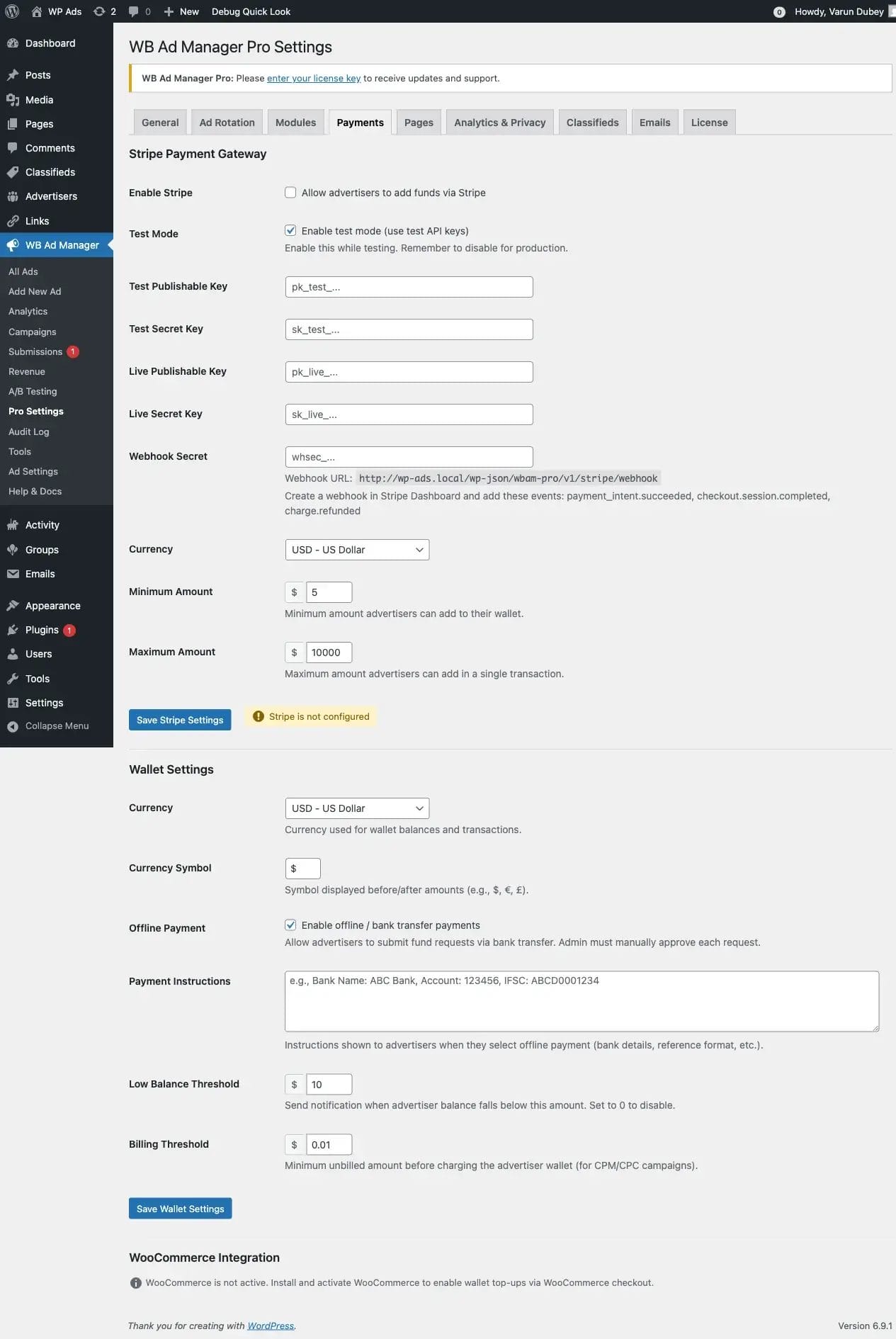 Manual payment settings showing bank transfer instruction fields and configuration options