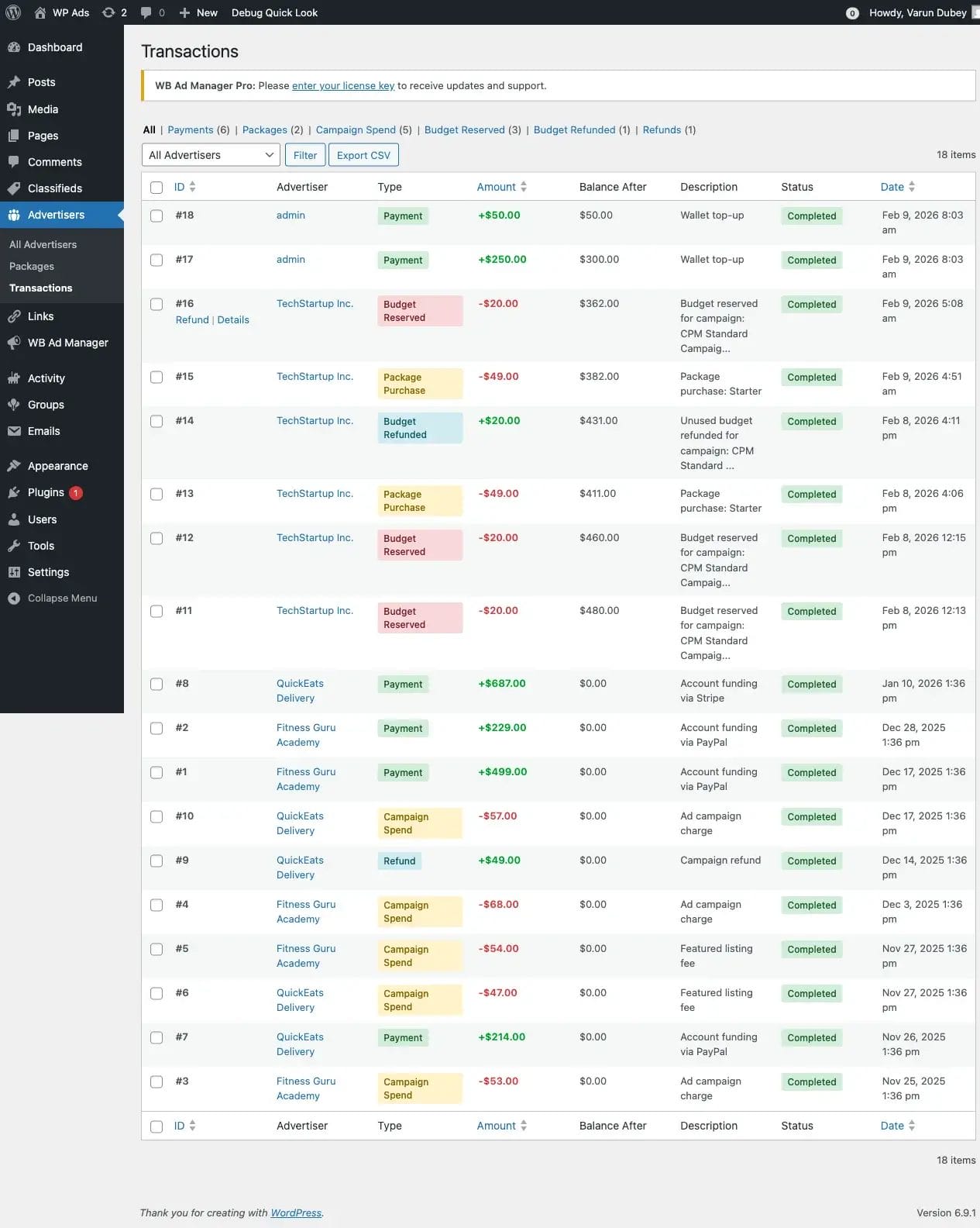 Transactions list showing all wallet transactions with type, amount, status, and date