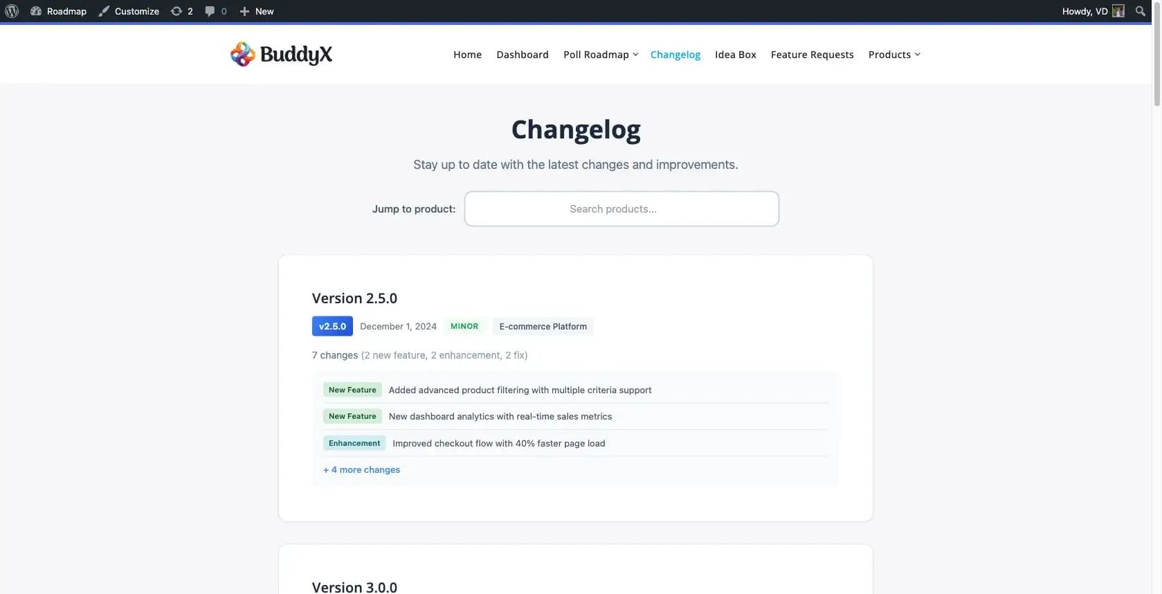 Changelog page showing version entries with product filter, change type badges, and release dates