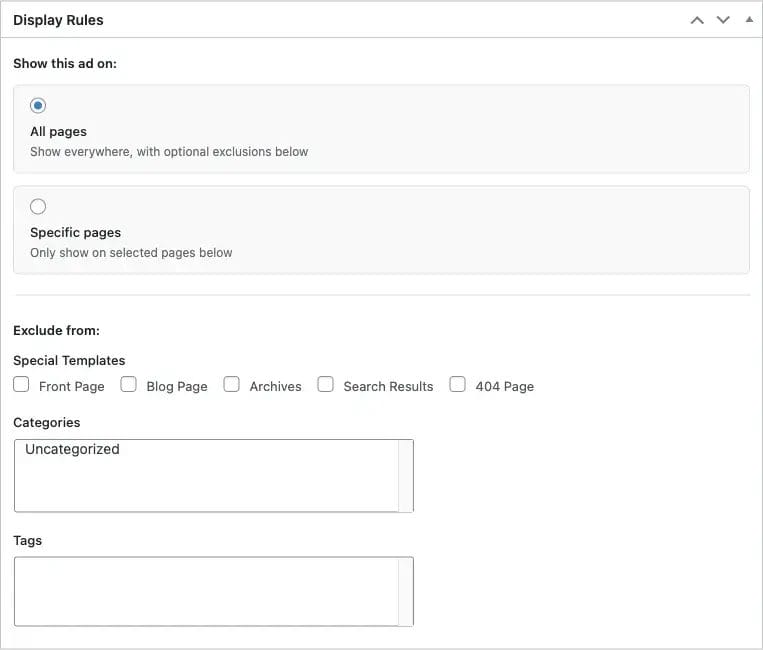 Display rules settings for controlling which pages show the ad