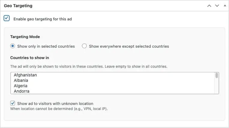 Geo targeting settings with country selection and targeting mode options