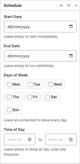 Scheduling options for date range, day of week, and time of day targeting
